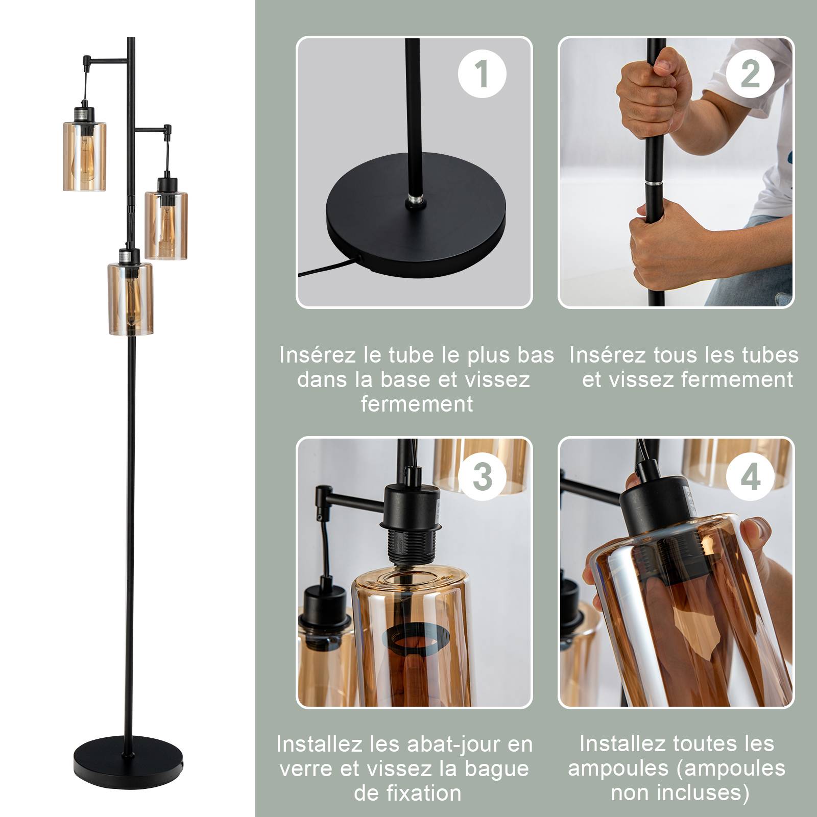 Costway - Lampadaire Autonome avec Abat-Jour en Verre Ambré à 3 Têtes Suspendues, Interrupteur à Pied, Base en Métal, pour Salon, Chambre, Noir - Image 3