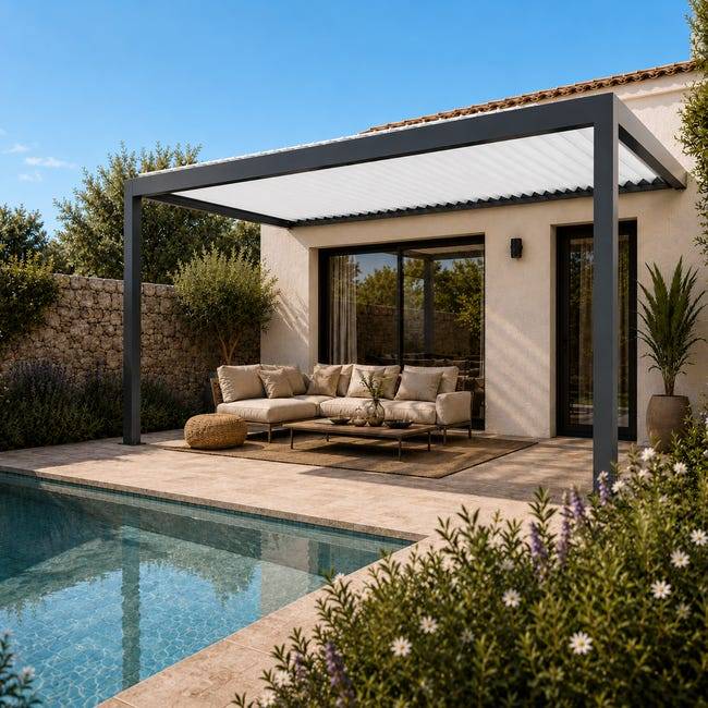 Pergola Bioclimatique Aluminium Adossée Motorisée Éclairée 5x3,5 Anthracite SV ORIAL France