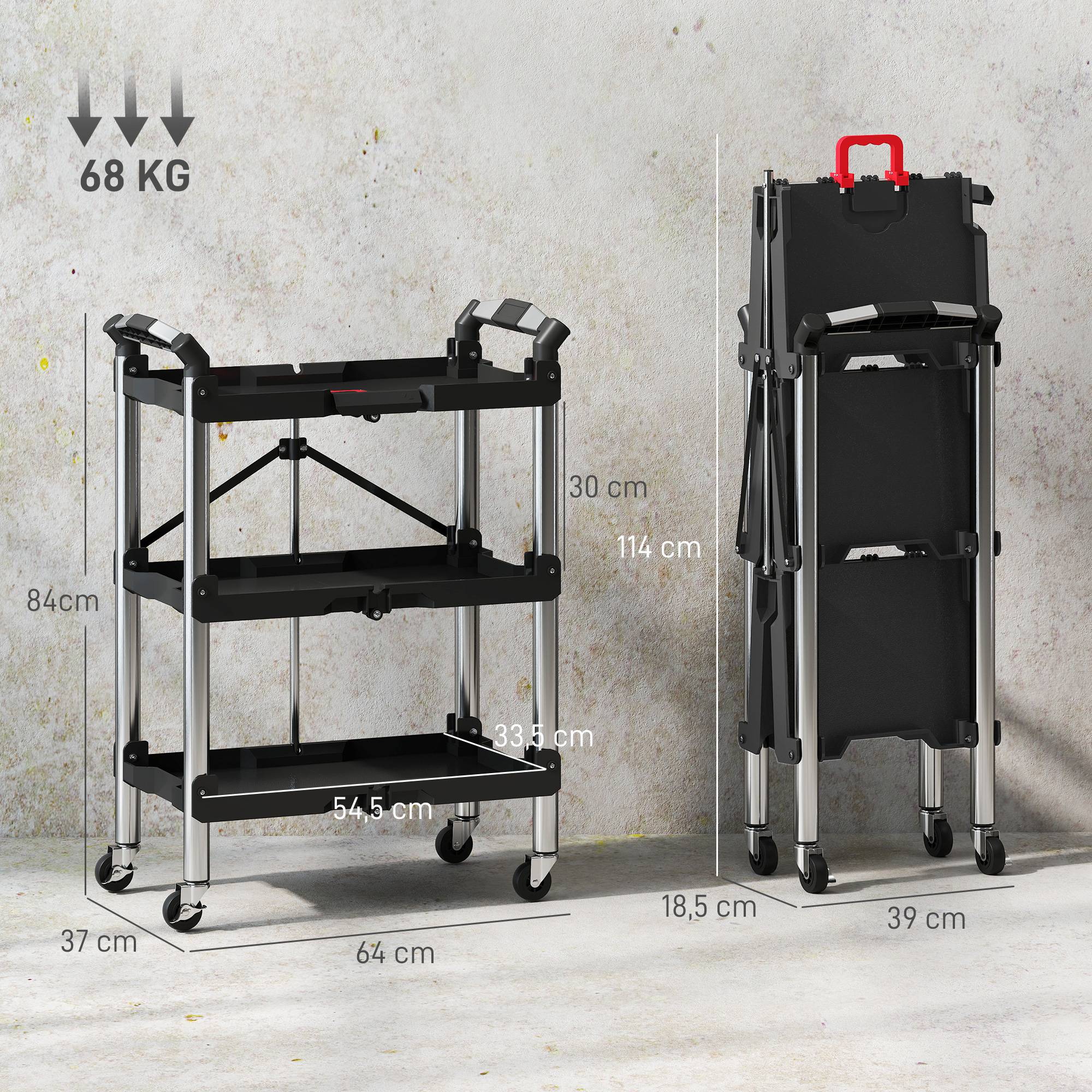 Sans Marque - Chariot à outils pliable à 3 niveaux, chariot à outils en plastique et acier noir - Image 5