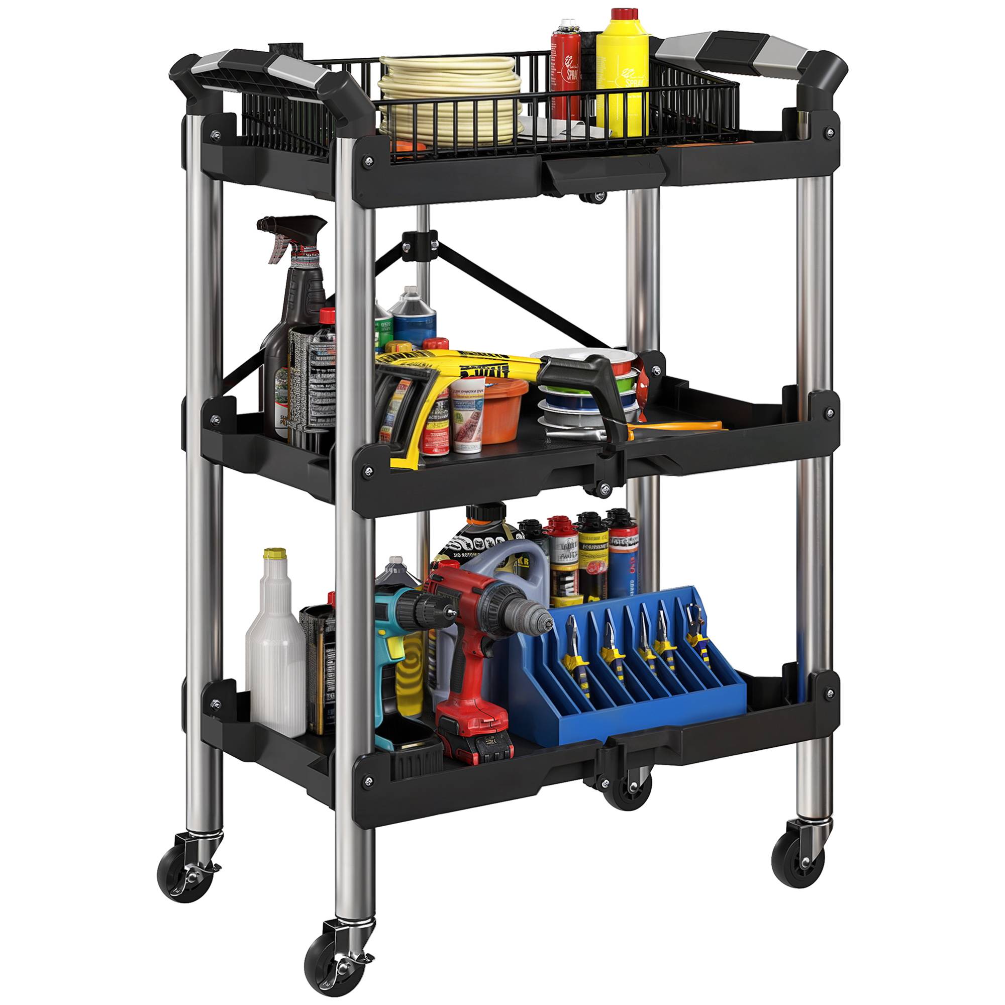 Sans Marque - Chariot à outils pliable à 3 niveaux, chariot à outils en plastique et acier noir - Image 1