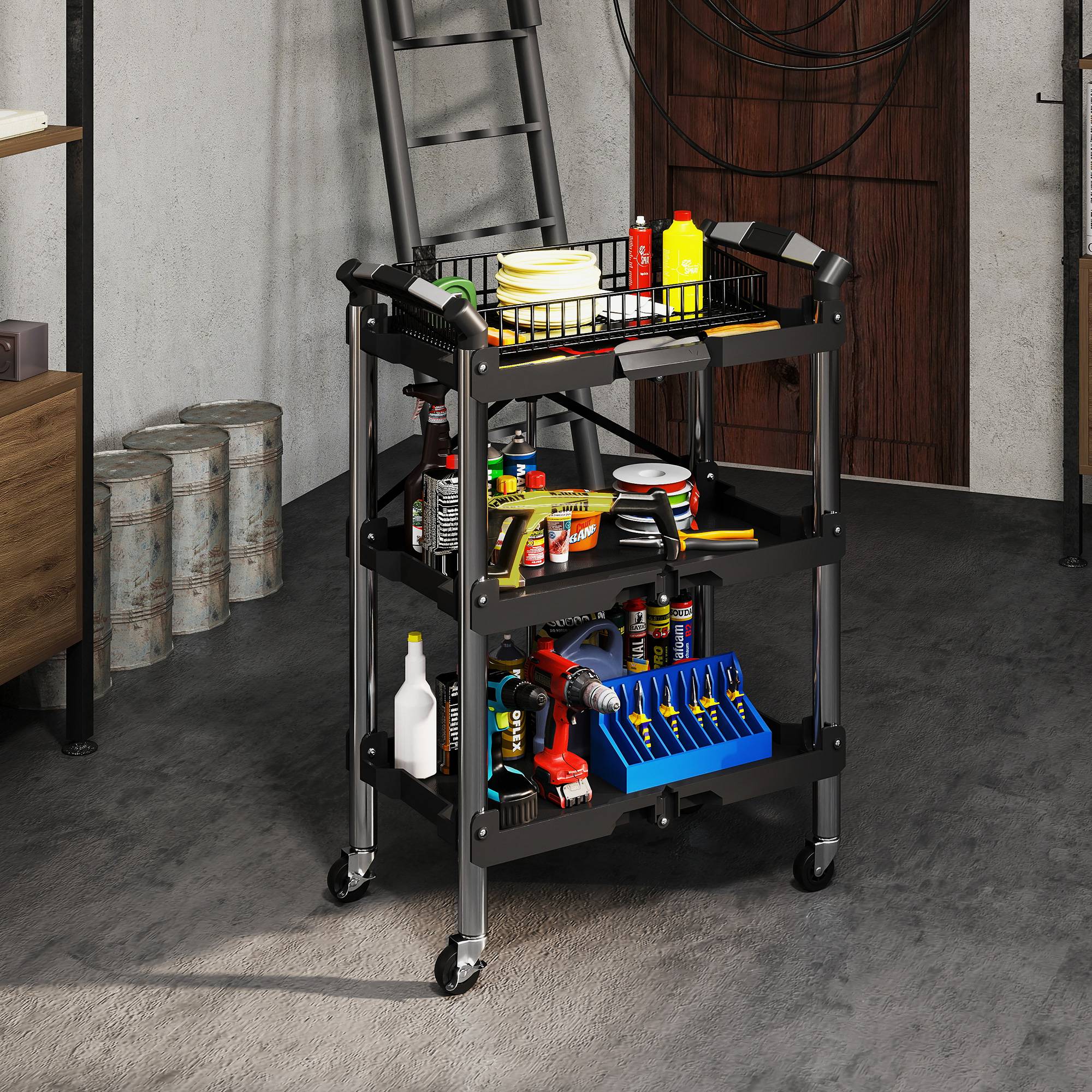Sans Marque - Chariot à outils pliable à 3 niveaux, chariot à outils en plastique et acier noir - Image 10