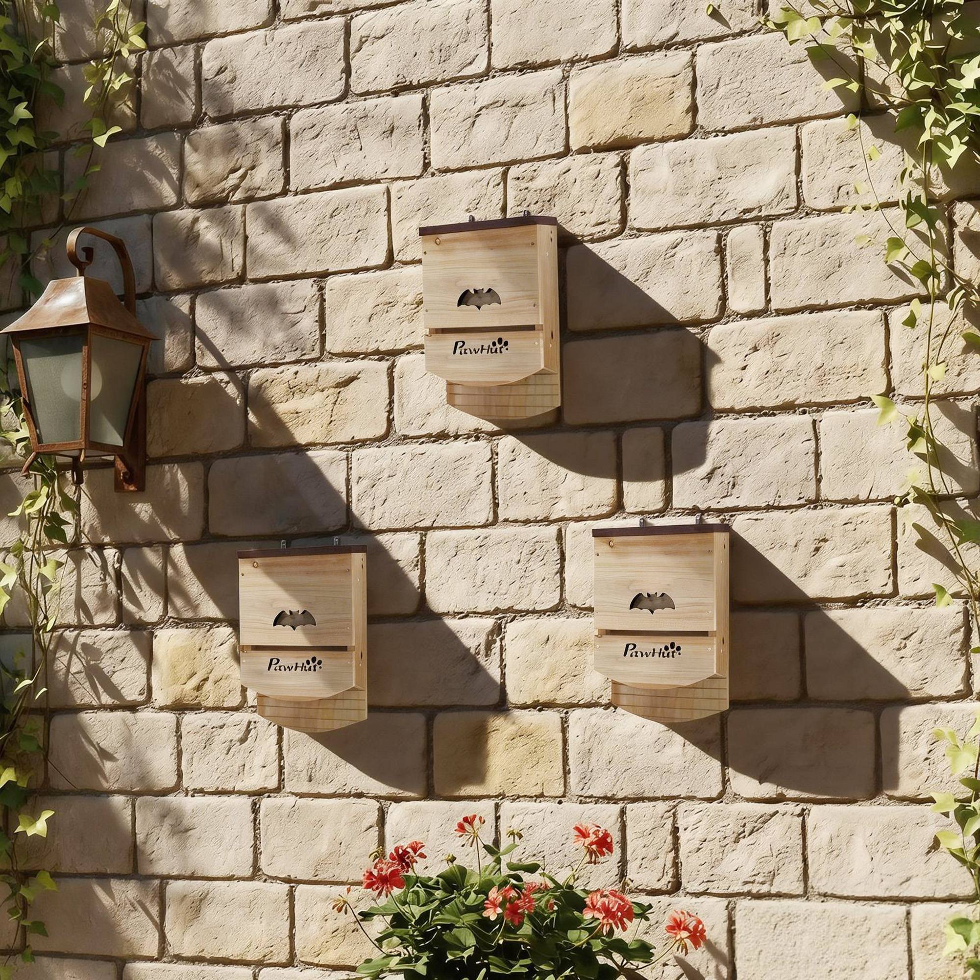 Lot de 3 nichoirs à chauves-souris en bois, abri avec plateforme rainurée,23x9,5x36,5cm,bois naturel - Image 3
