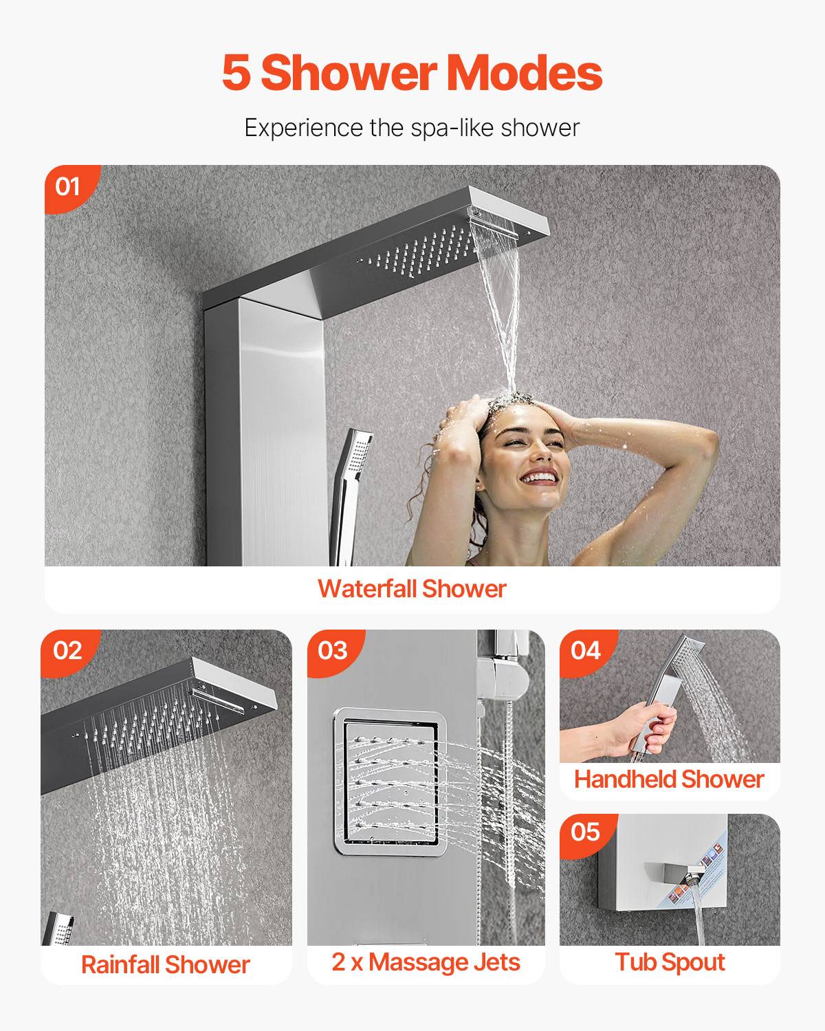 Vevor - VEVOR Colonne douche inox avec pommeau pluie, panneau 5 fonctions, 2 jets corps, douchette main et bec baignoire. - Image 3