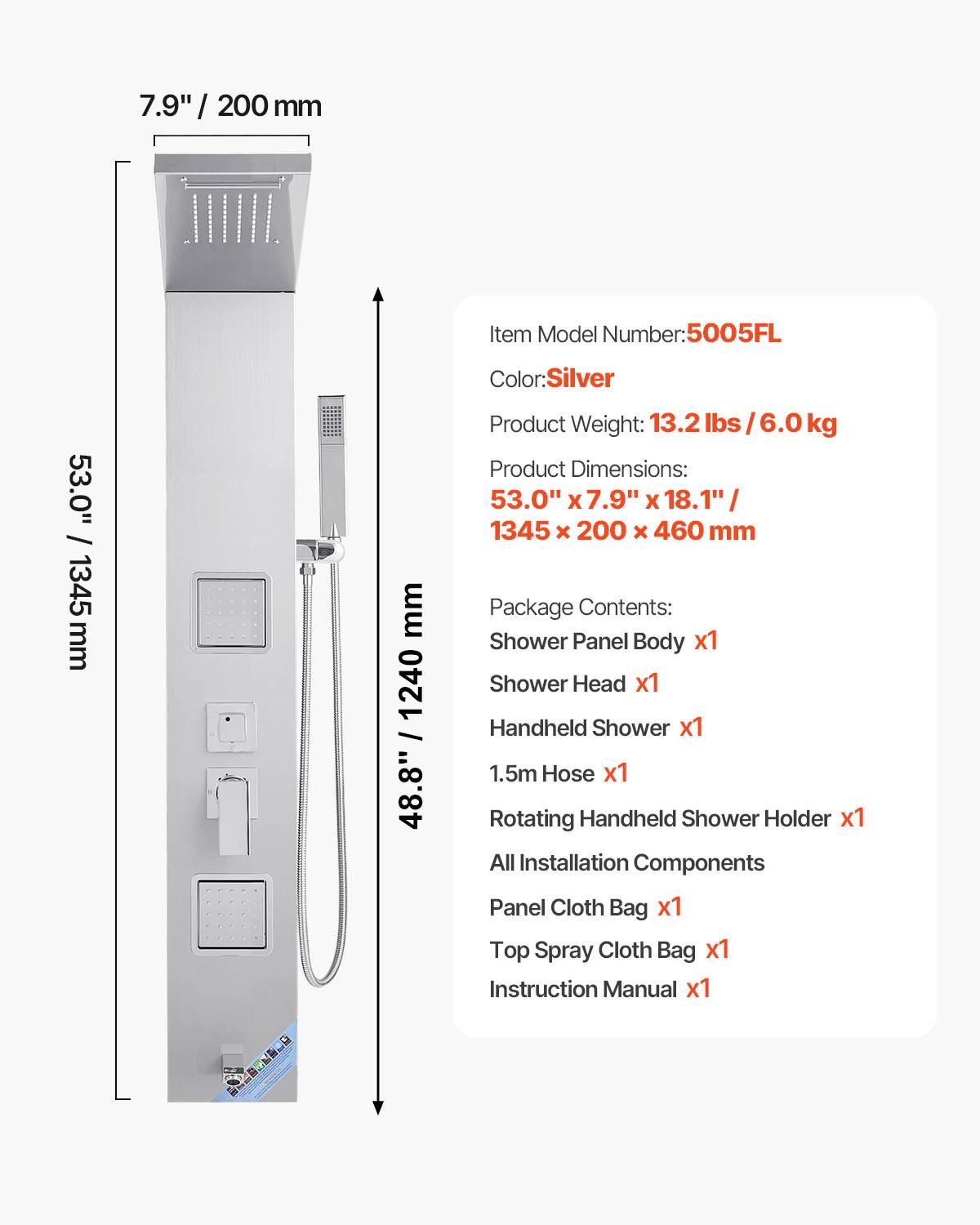 Vevor - VEVOR Colonne douche inox avec pommeau pluie, panneau 5 fonctions, 2 jets corps, douchette main et bec baignoire. - Image 7
