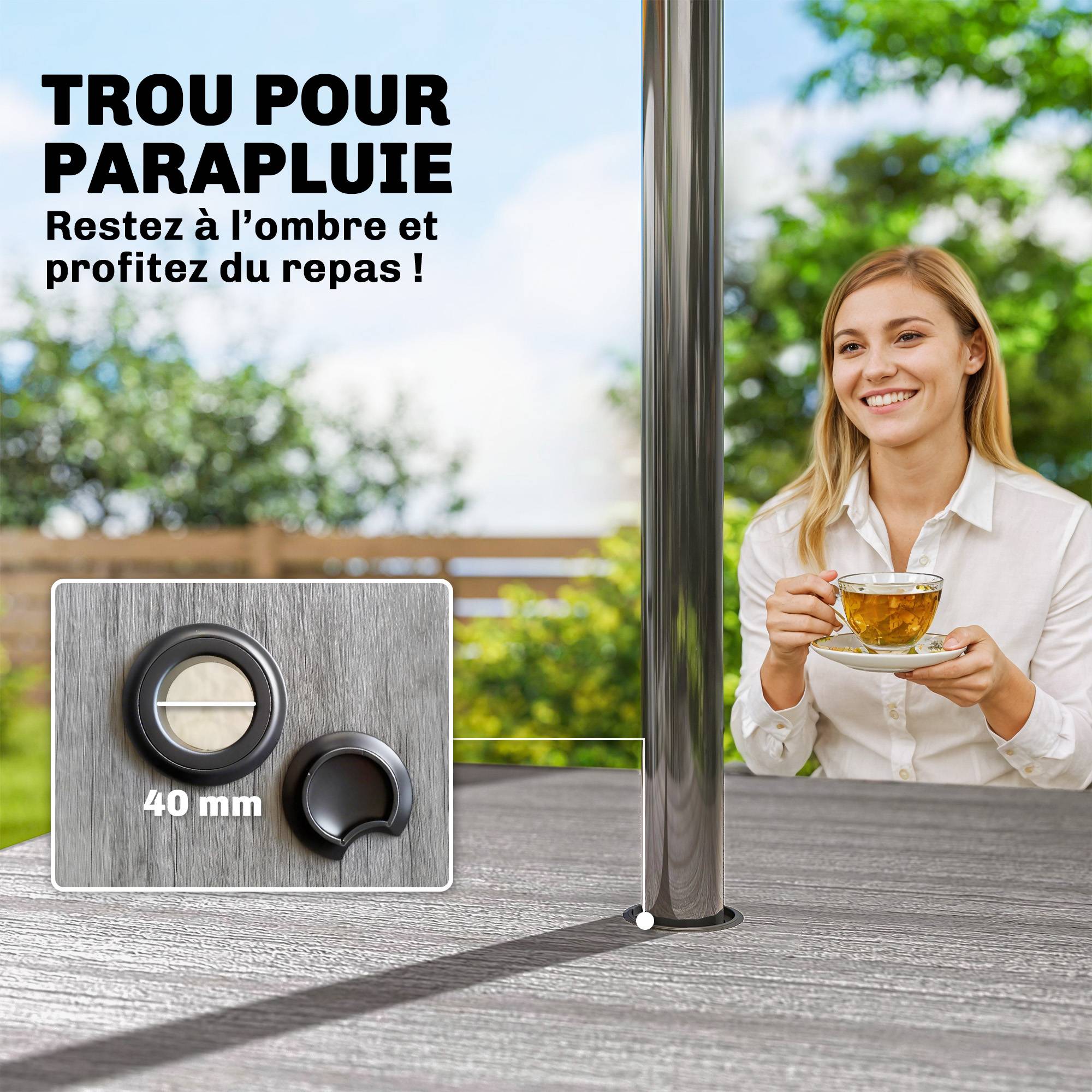 Table de jardin rectangulaire pour 4 personnes, table à manger extérieure avec trou de parasol, 85 x 85 x 72,5 cm, gris - Image 7