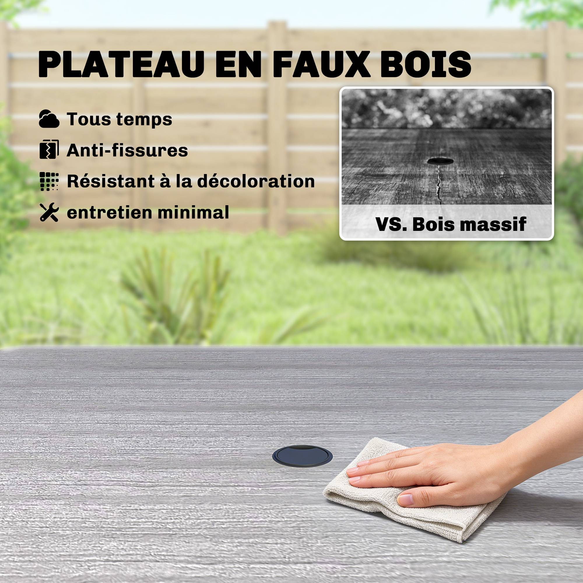 Table de jardin rectangulaire pour 4 personnes, table à manger extérieure avec trou de parasol, 85 x 85 x 72,5 cm, gris - Image 8