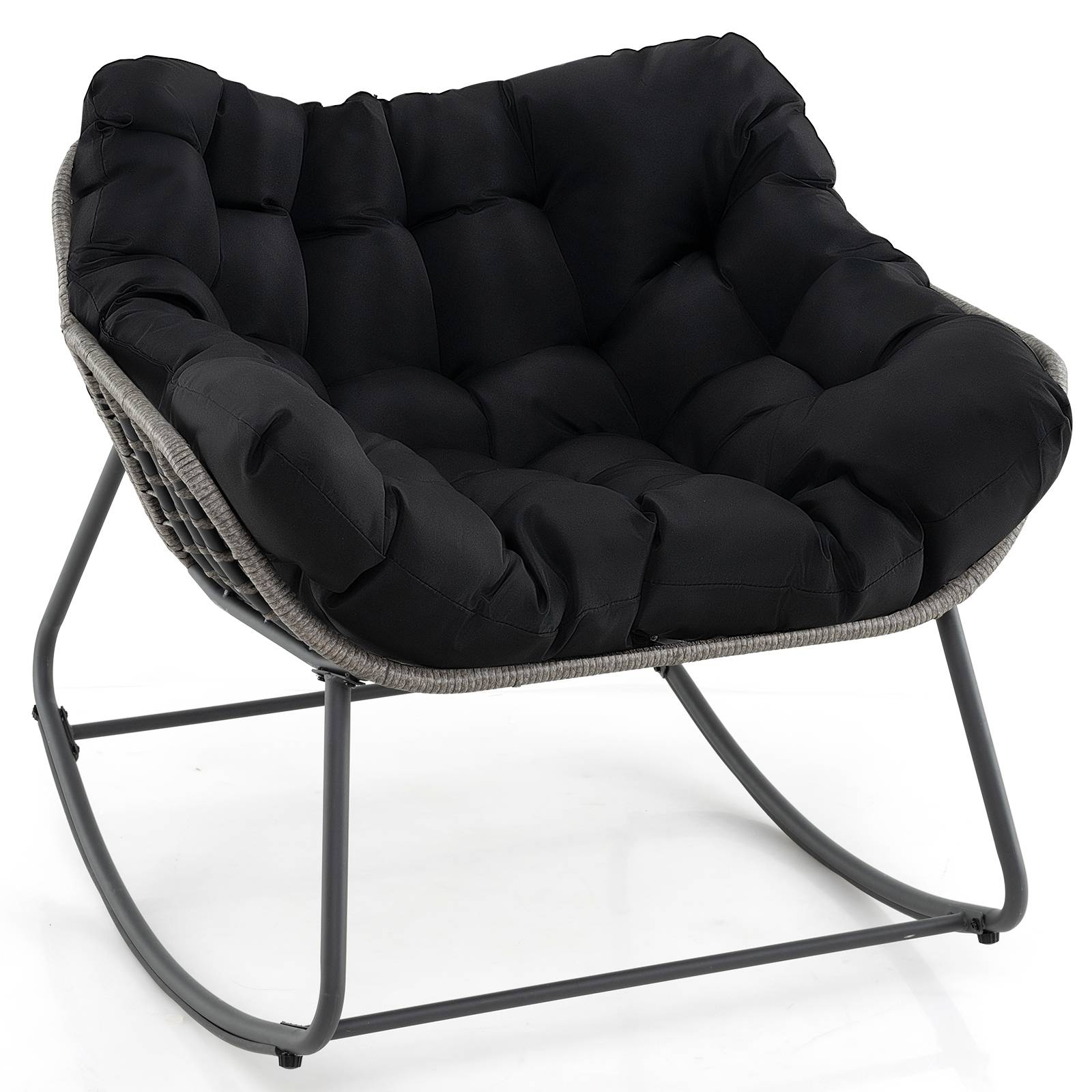 Costway - Fauteuil à Bascule d'Extérieur, Fauteuil Œuf Surdimensionné en Osier PE avec Coussin Épais Amovible, 98 x 98 x 87 cm, Charge 150 kg, Noir