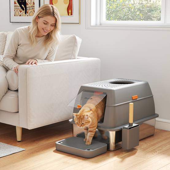 Bac à Litière Fermé XL Acier Inoxydable Anti-Odeur pour Grand Chat Gris - ComfortXL Outdoor Living - Image 3
