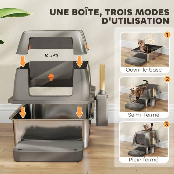 Bac à Litière Fermé XL Acier Inoxydable Anti-Odeur pour Grand Chat Gris - ComfortXL Outdoor Living - Image 10