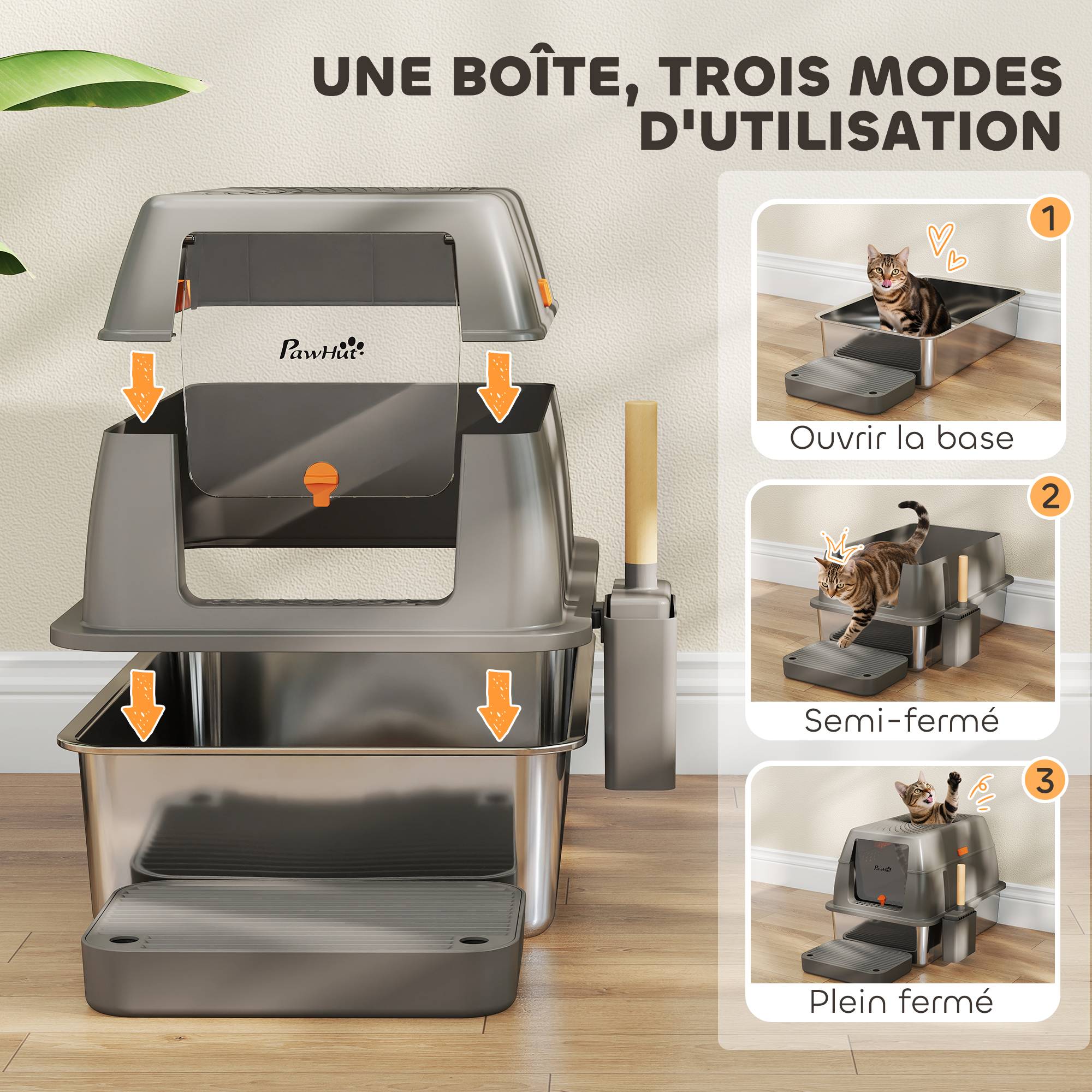Bac à Litière Fermé XL Acier Inoxydable Anti-Odeur pour Grand Chat Gris - ComfortXL Outdoor Living - Image 10