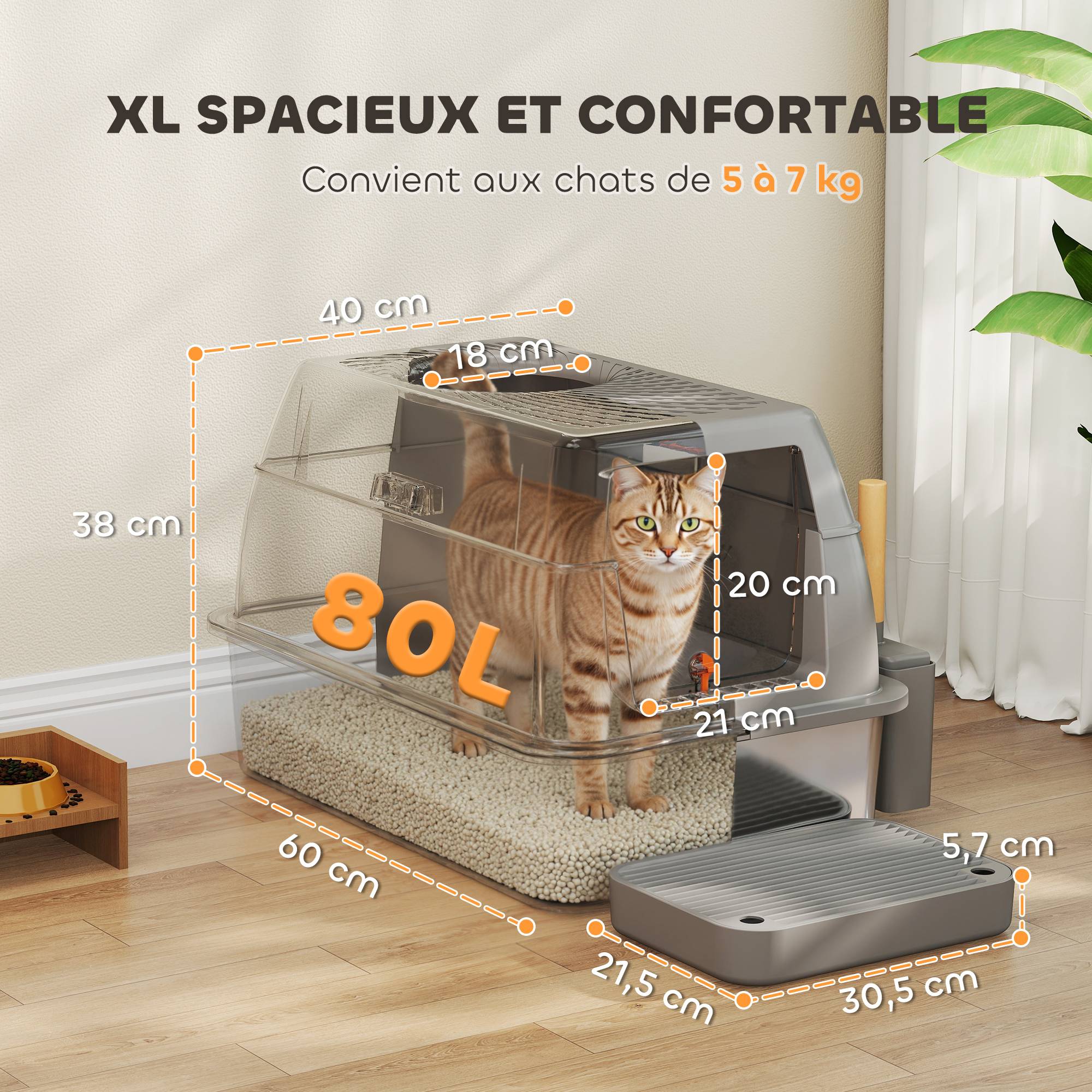 Bac à Litière Fermé XL Acier Inoxydable Anti-Odeur pour Grand Chat Gris - ComfortXL Outdoor Living - Image 5