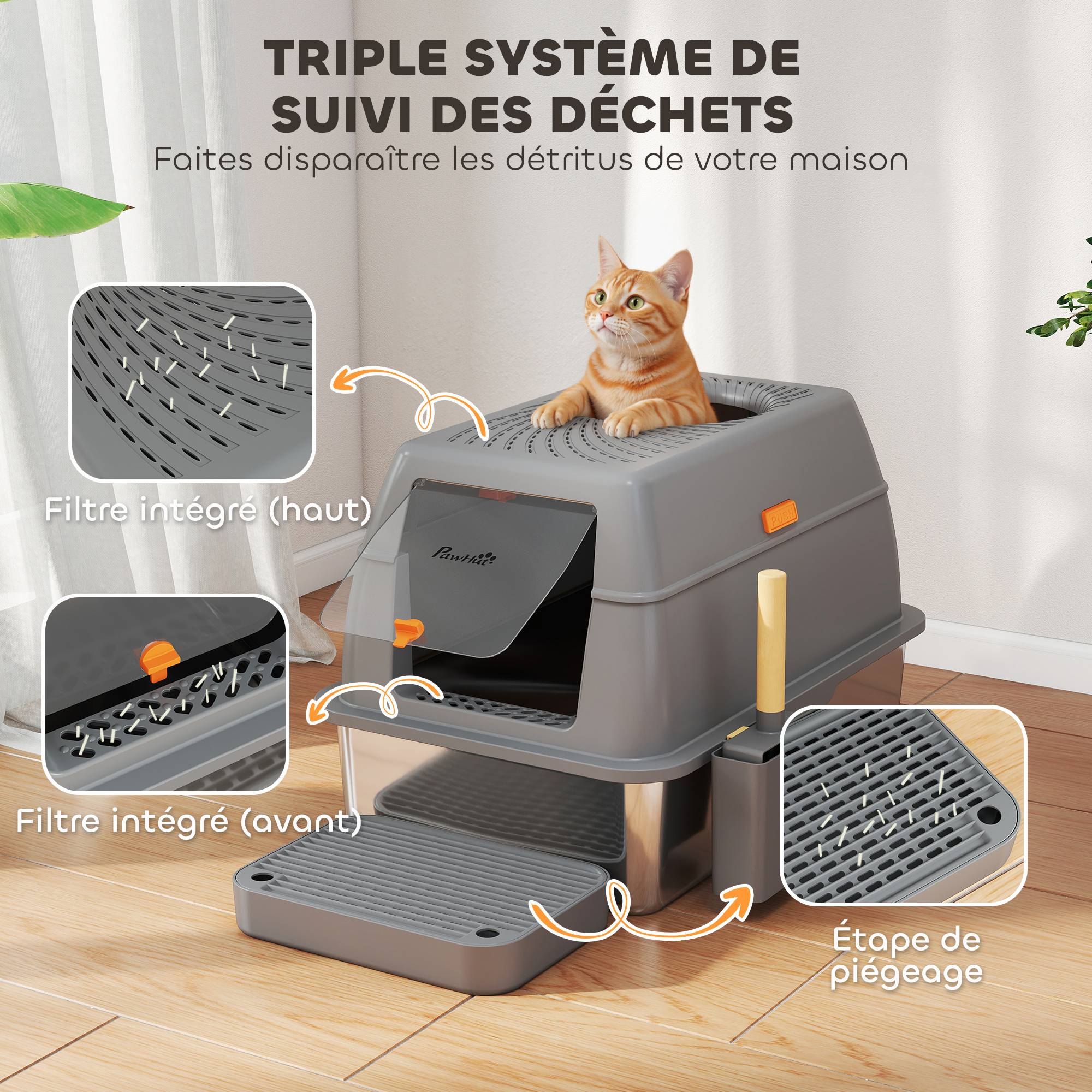 Bac à Litière Fermé XL Acier Inoxydable Anti-Odeur pour Grand Chat Gris - ComfortXL Outdoor Living - Image 9