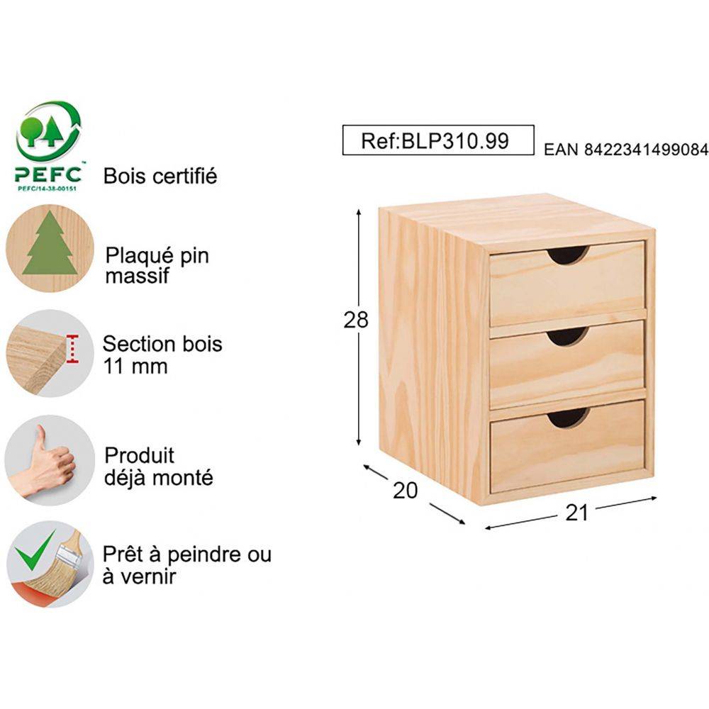 Mini rangement bloc en pin brut avec tiroirs 3 tiroirs Astigarraga - Imagen 3