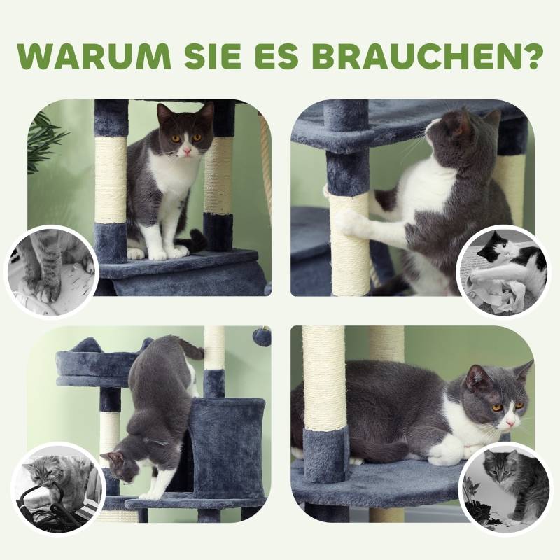 Tour à chat 206cm avec grotte, 2 balles et poteaux sisal pour grands chats gris foncé - Image 6
