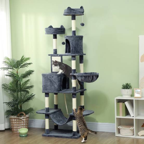 Tour à chat 206cm avec grotte, 2 balles et poteaux sisal pour grands chats gris foncé - Image 2