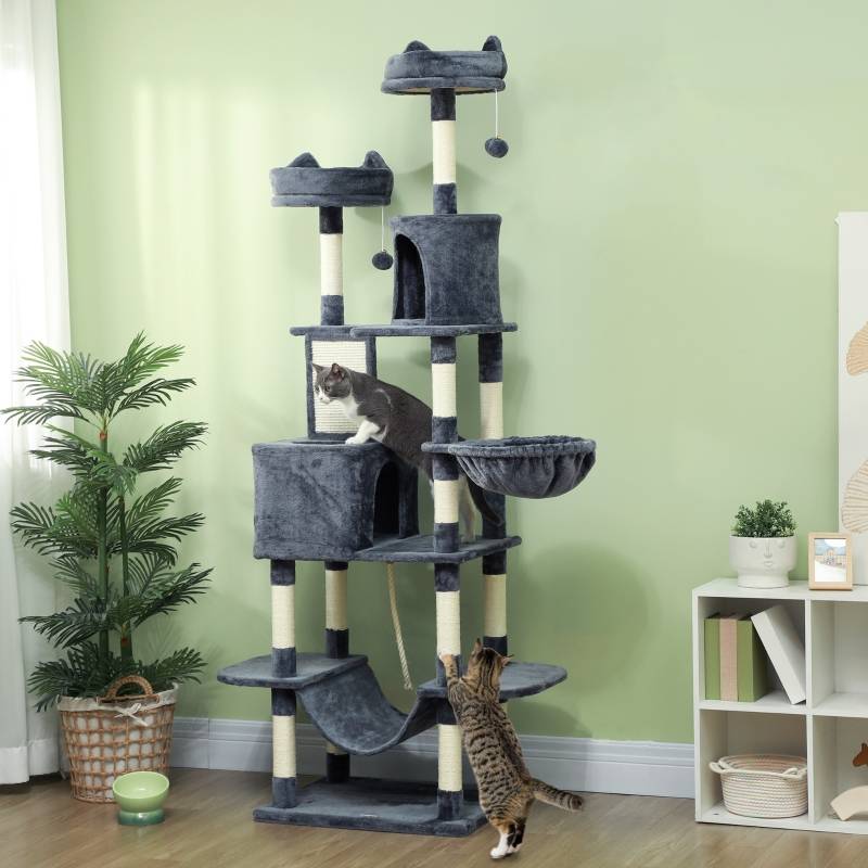 Tour à chat 206cm avec grotte, 2 balles et poteaux sisal pour grands chats gris foncé - Image 2