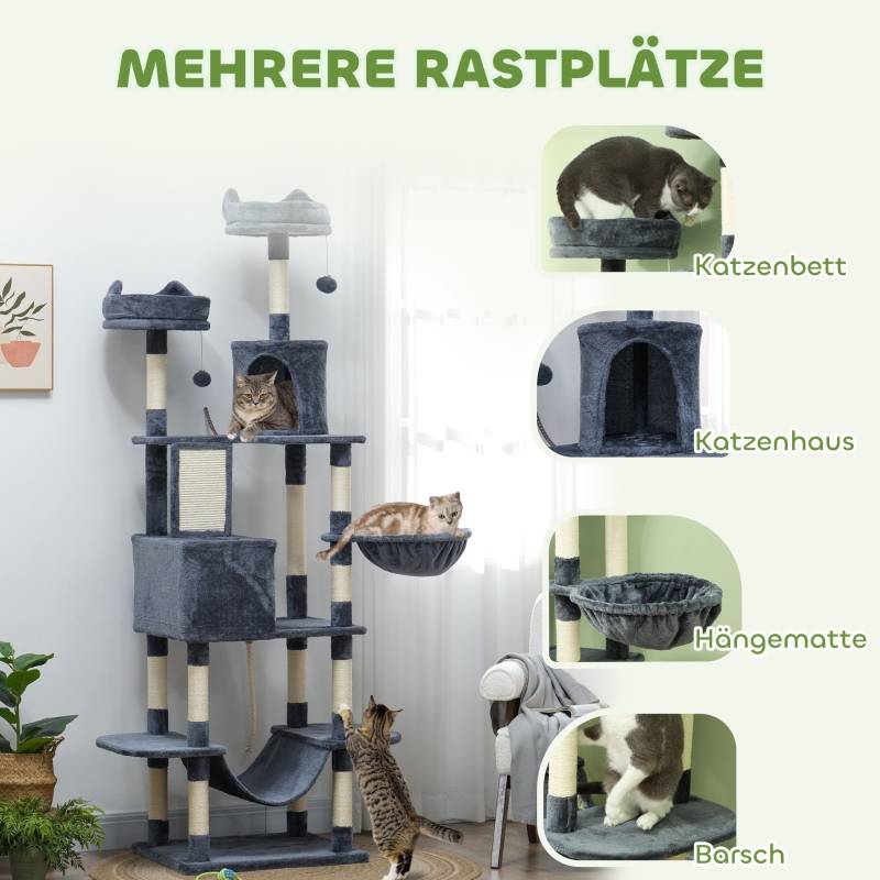 Tour à chat 206cm avec grotte, 2 balles et poteaux sisal pour grands chats gris foncé - Image 4