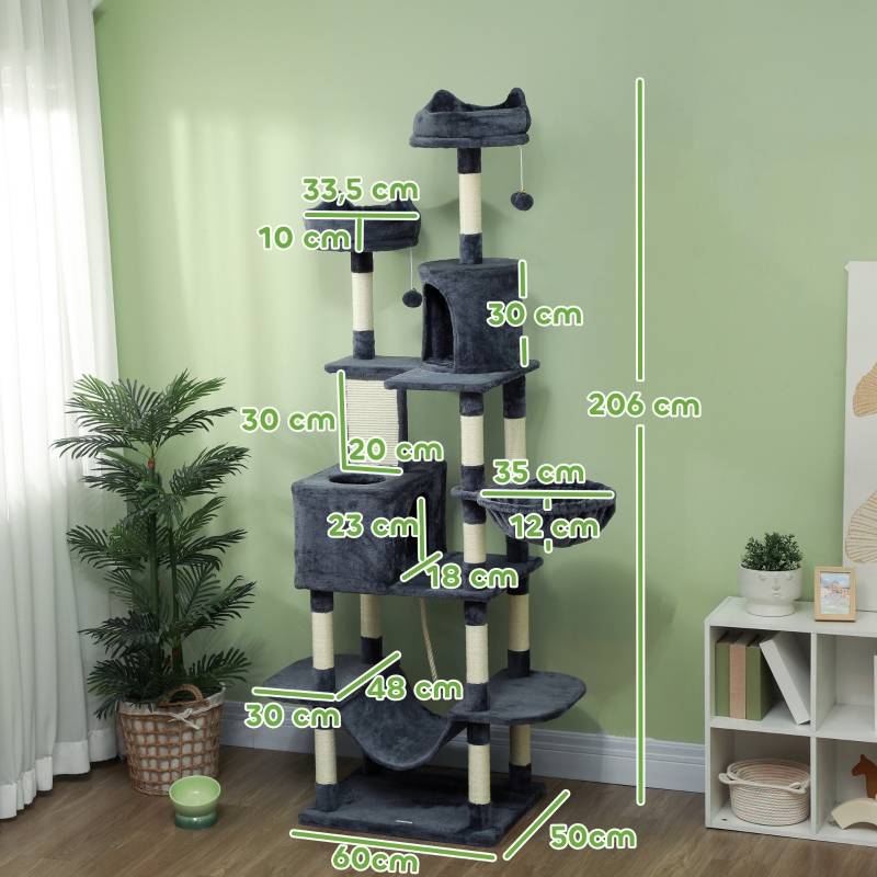 Tour à chat 206cm avec grotte, 2 balles et poteaux sisal pour grands chats gris foncé - Image 3