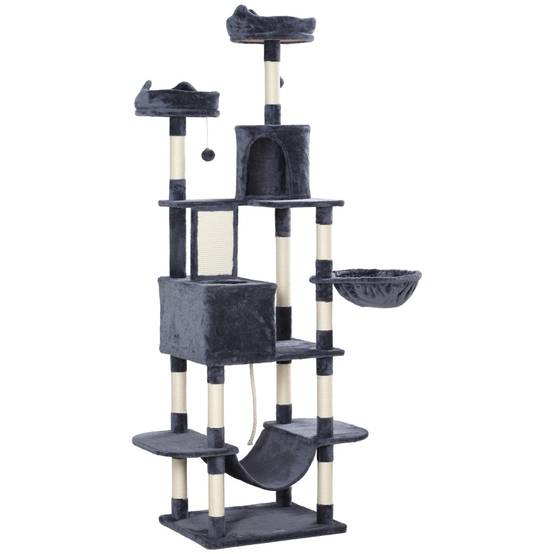 Tour à chat 206cm avec grotte, 2 balles et poteaux sisal pour grands chats gris foncé - Image 1