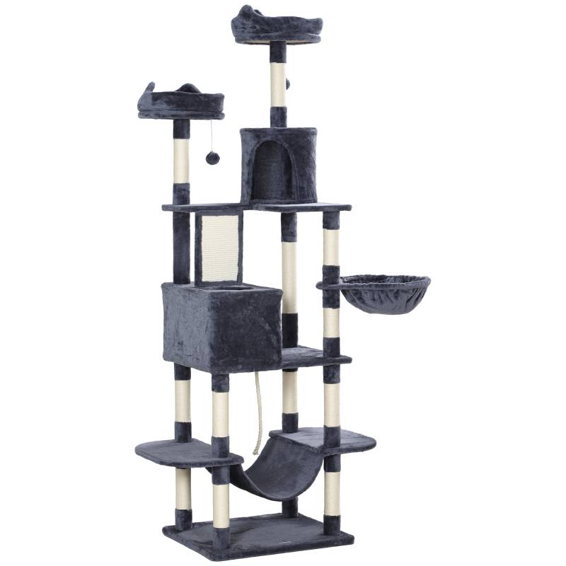 Tour à chat 206cm avec grotte, 2 balles et poteaux sisal pour grands chats gris foncé - Image 1