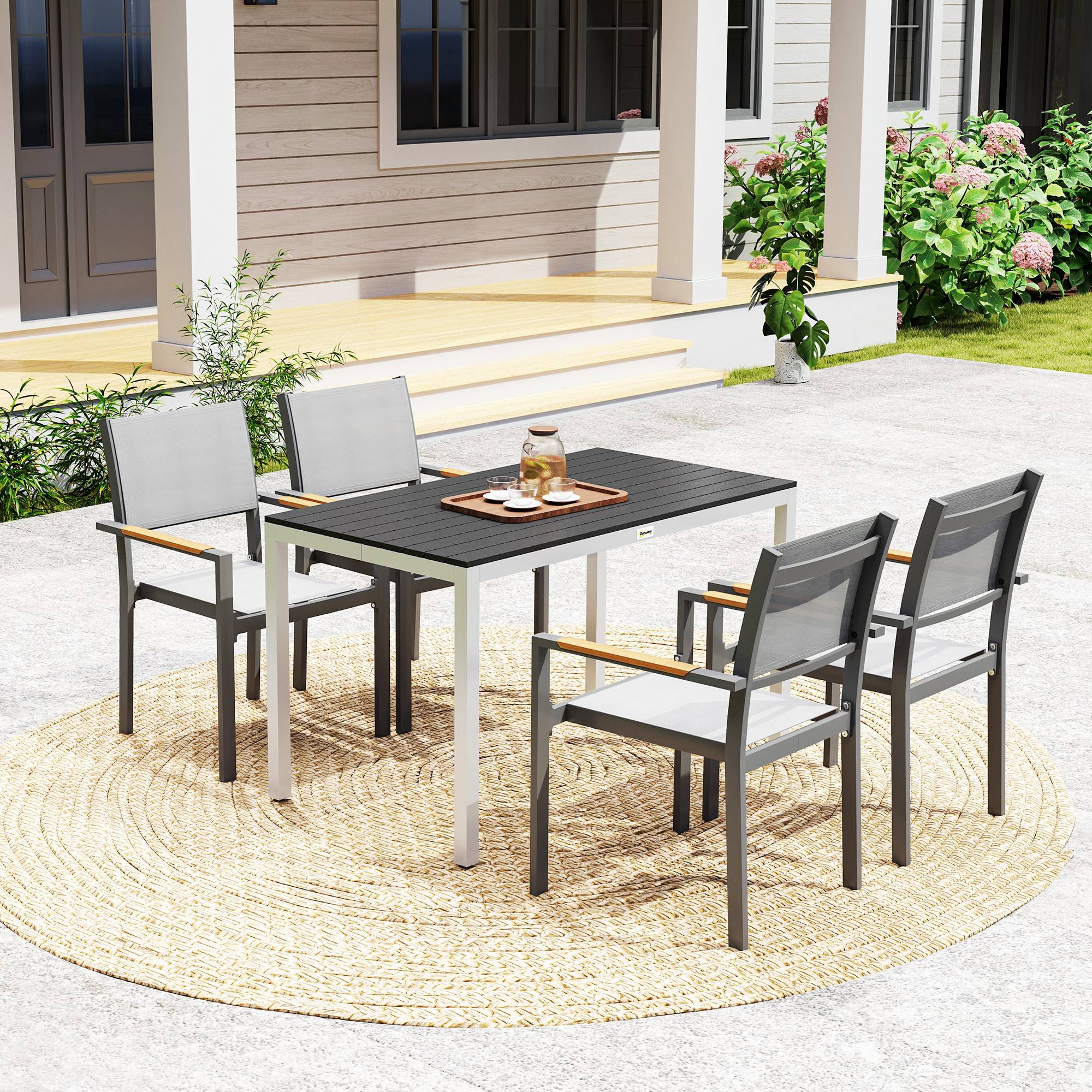 Table à manger de jardin pour 4-6 personnes avec plateau à lattes cadre en aluminium anti-rouille 120 x 70 x 72 cm, noir - Image 4