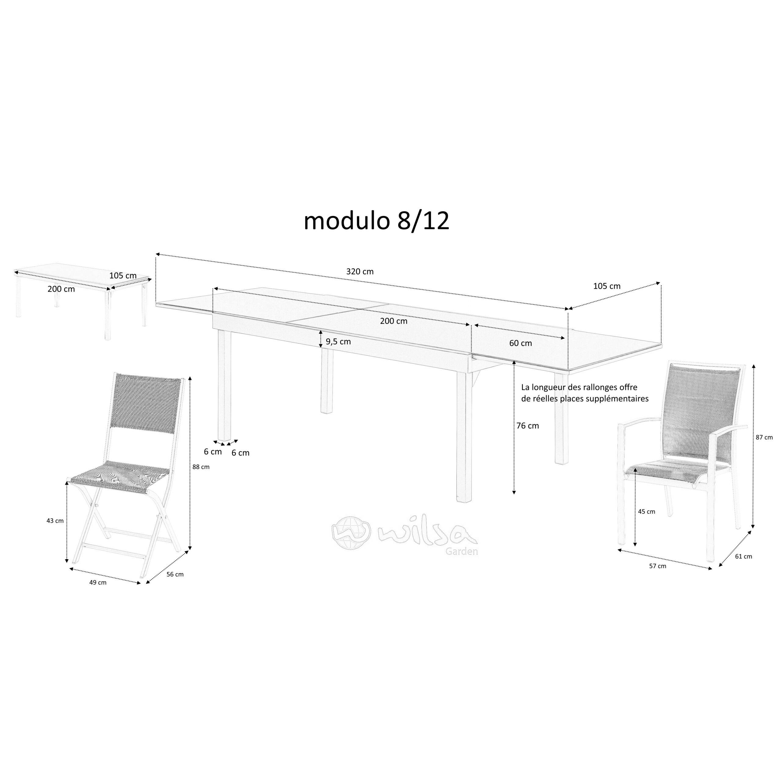 Wilsa Garden - Ensemble MODULO 8/12p en aluminium blanc et verre trempé gris perle avec 12 fauteuils en textilène - Imagen 6