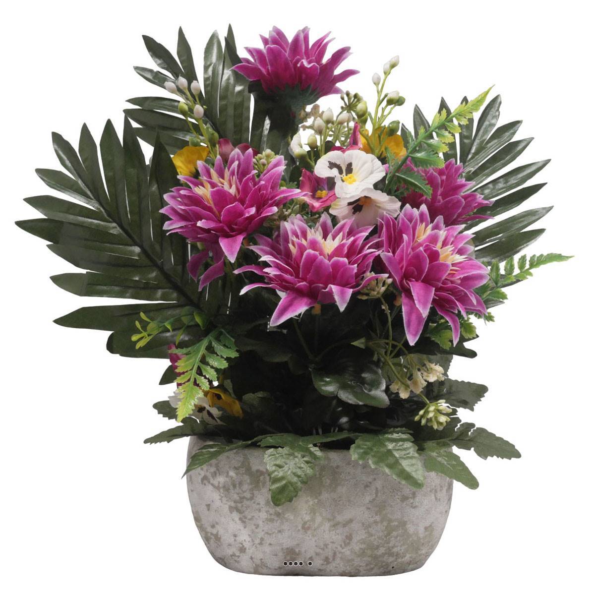 Artificielles - Jardinière pot béton Chrysantheme, Pensée et mini fleurs pourpre pour la Toussaint - couleur: Pourpre 340 - Imagen 1