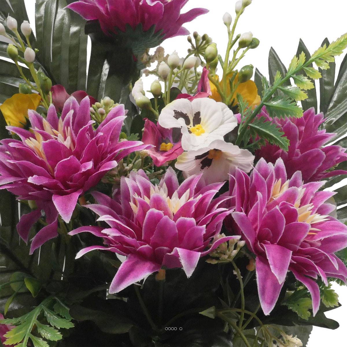 Artificielles - Jardinière pot béton Chrysantheme, Pensée et mini fleurs pourpre pour la Toussaint - couleur: Pourpre 340 - Imagen 3