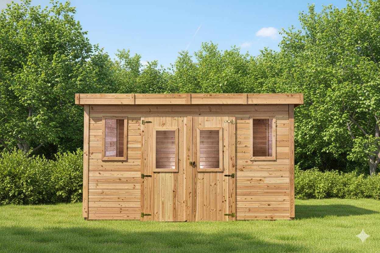 Habrita - Abri Madriers bois massif - 28 mm- surface extérieur 16,40 m2 - Toit plat - couverture polycarbonate - Image 1