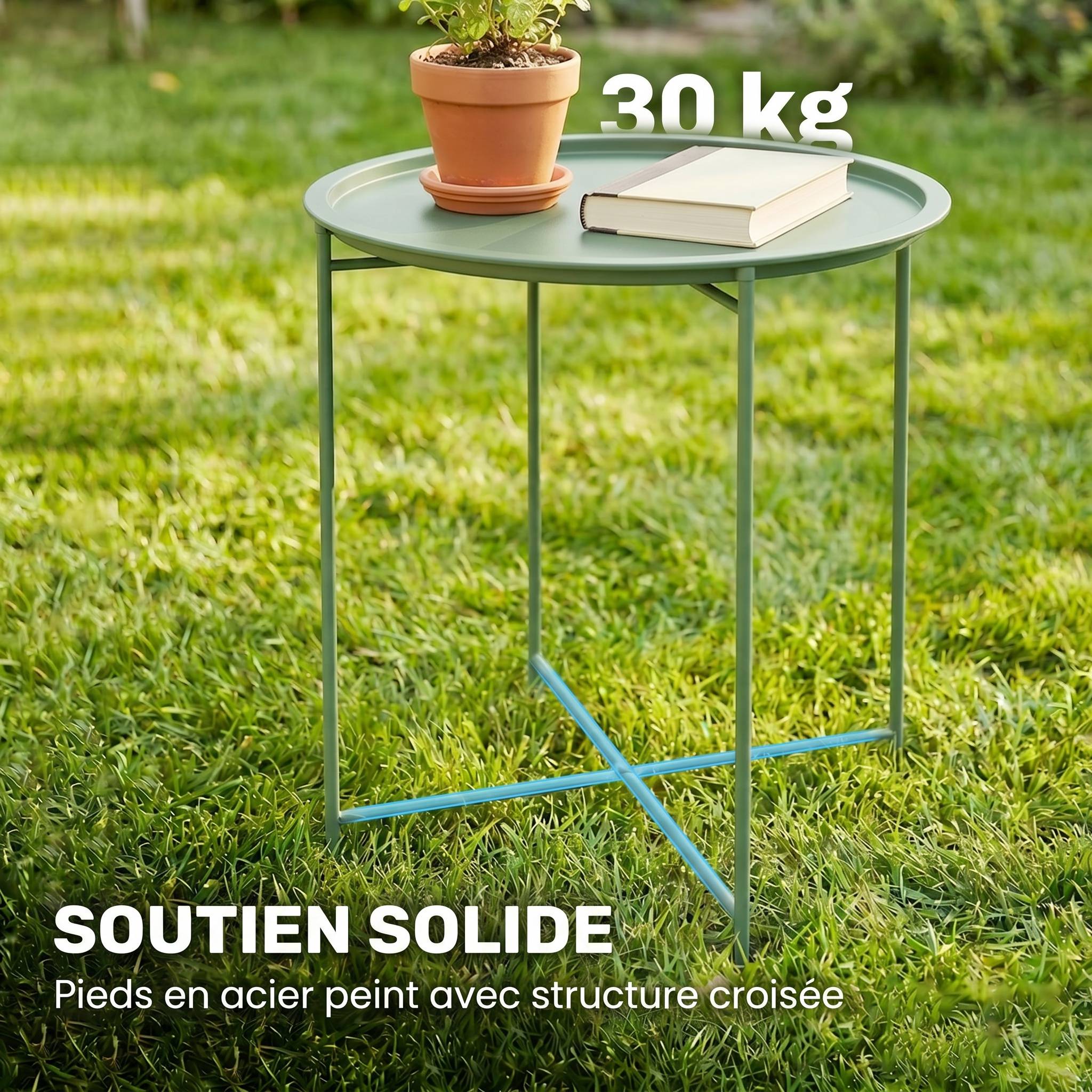 Table d'appoint ronde acier balcon pieds pliables plateau plateau amovible vert - ComfortXL Outdoor Living - Image 7