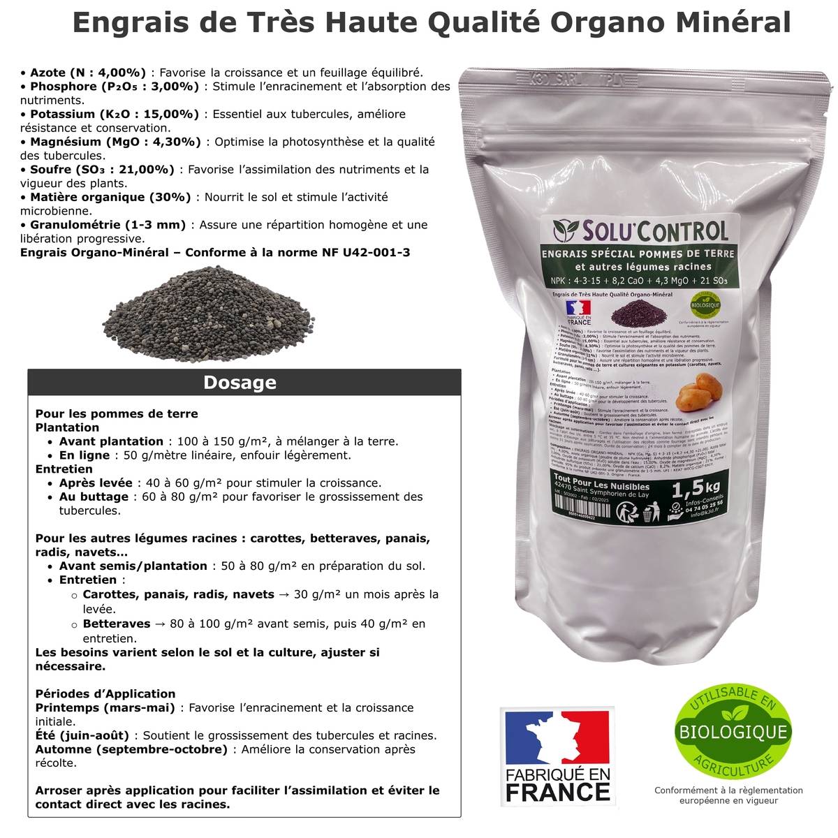 Tout pour les nuisibles - SOLU’CONTROL - 1,5 kg d'engrais spécial pommes de terre et légumes racines 4-3-15 - enrichi en potasse - croissance, grossissement - UAB - Image 3