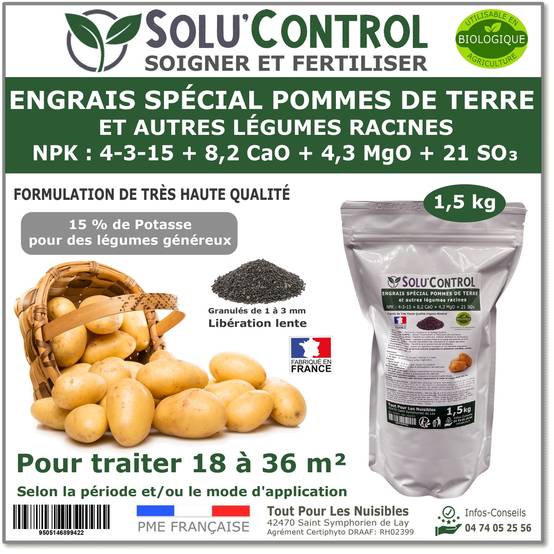 Tout pour les nuisibles - SOLU’CONTROL - 1,5 kg d'engrais spécial pommes de terre et légumes racines 4-3-15 - enrichi en potasse - croissance, grossissement - UAB - Image 1