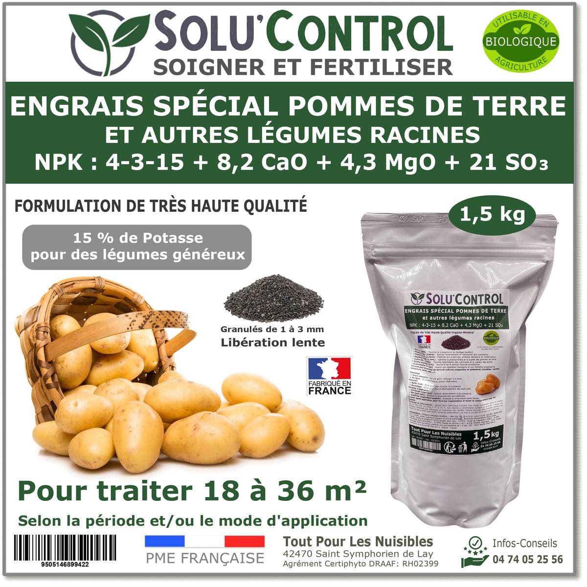 Tout pour les nuisibles - SOLU’CONTROL - 1,5 kg d'engrais spécial pommes de terre et légumes racines 4-3-15 - enrichi en potasse - croissance, grossissement - UAB - Image 1