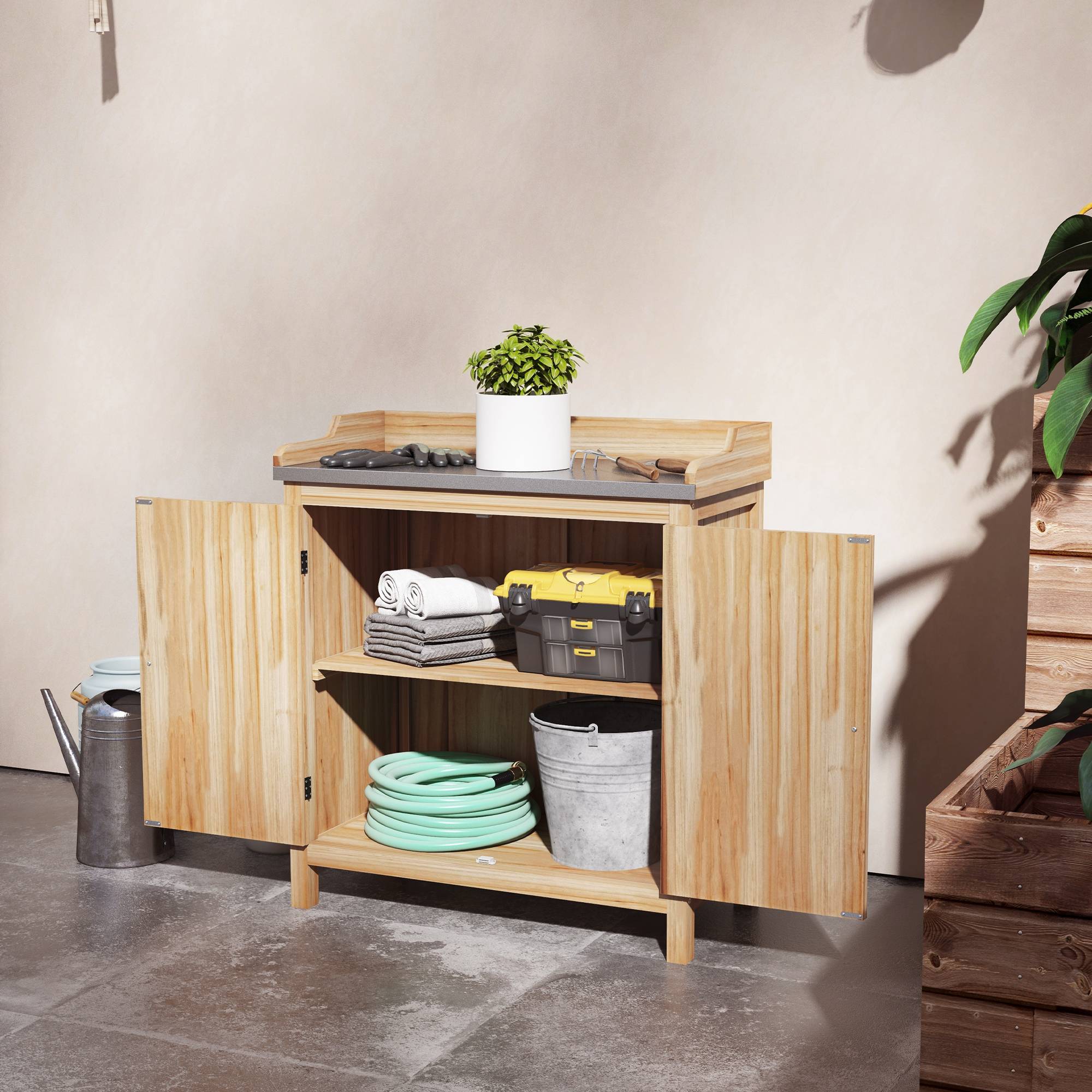 Table de rempotage armoire de rangement avec 2 étagères, plateau galvanisé patins antidérapants en bois sapin - Image 3