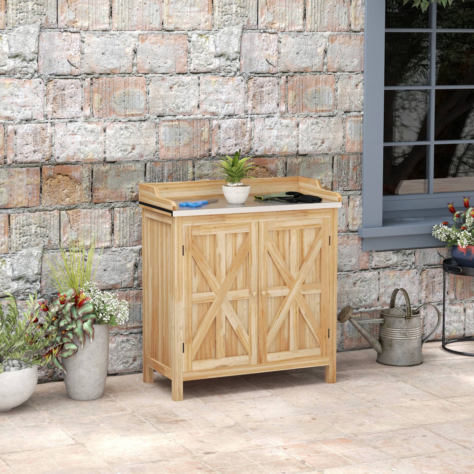 Table de rempotage armoire de rangement avec 2 étagères, plateau galvanisé patins antidérapants en bois sapin - Image 4
