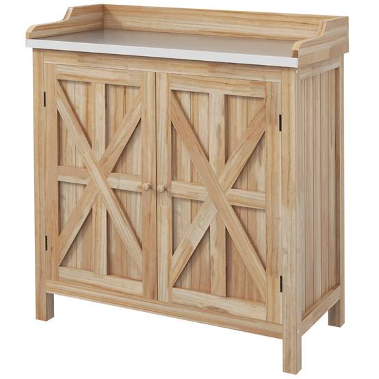 Table de rempotage armoire de rangement avec 2 étagères, plateau galvanisé patins antidérapants en bois sapin - Image 2