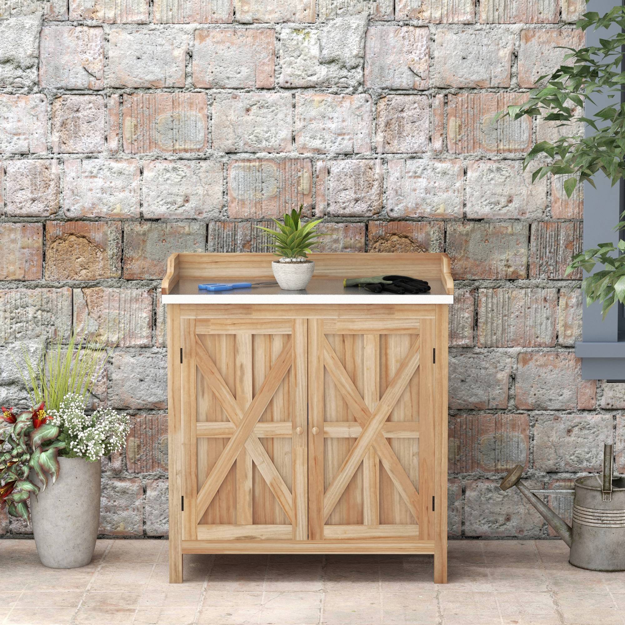 Table de rempotage armoire de rangement avec 2 étagères, plateau galvanisé patins antidérapants en bois sapin - Image 9