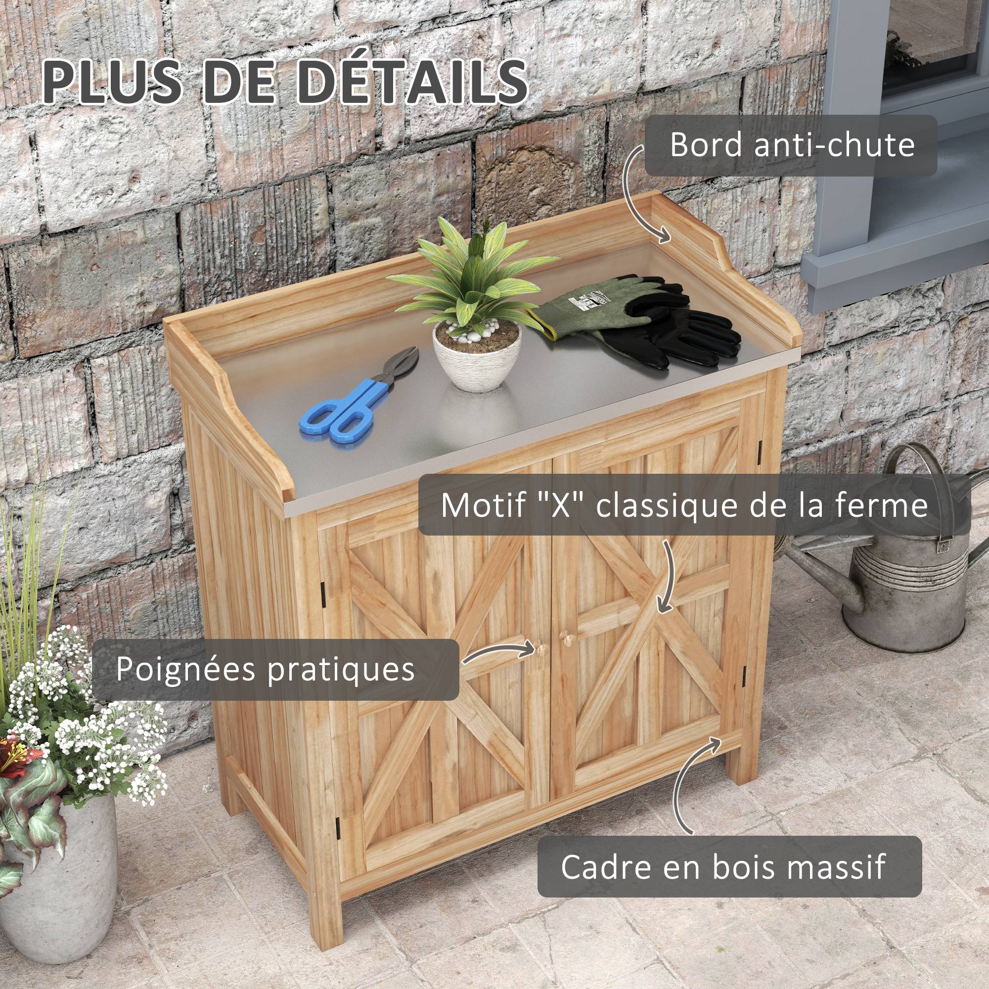 Table de rempotage armoire de rangement avec 2 étagères, plateau galvanisé patins antidérapants en bois sapin - Image 8
