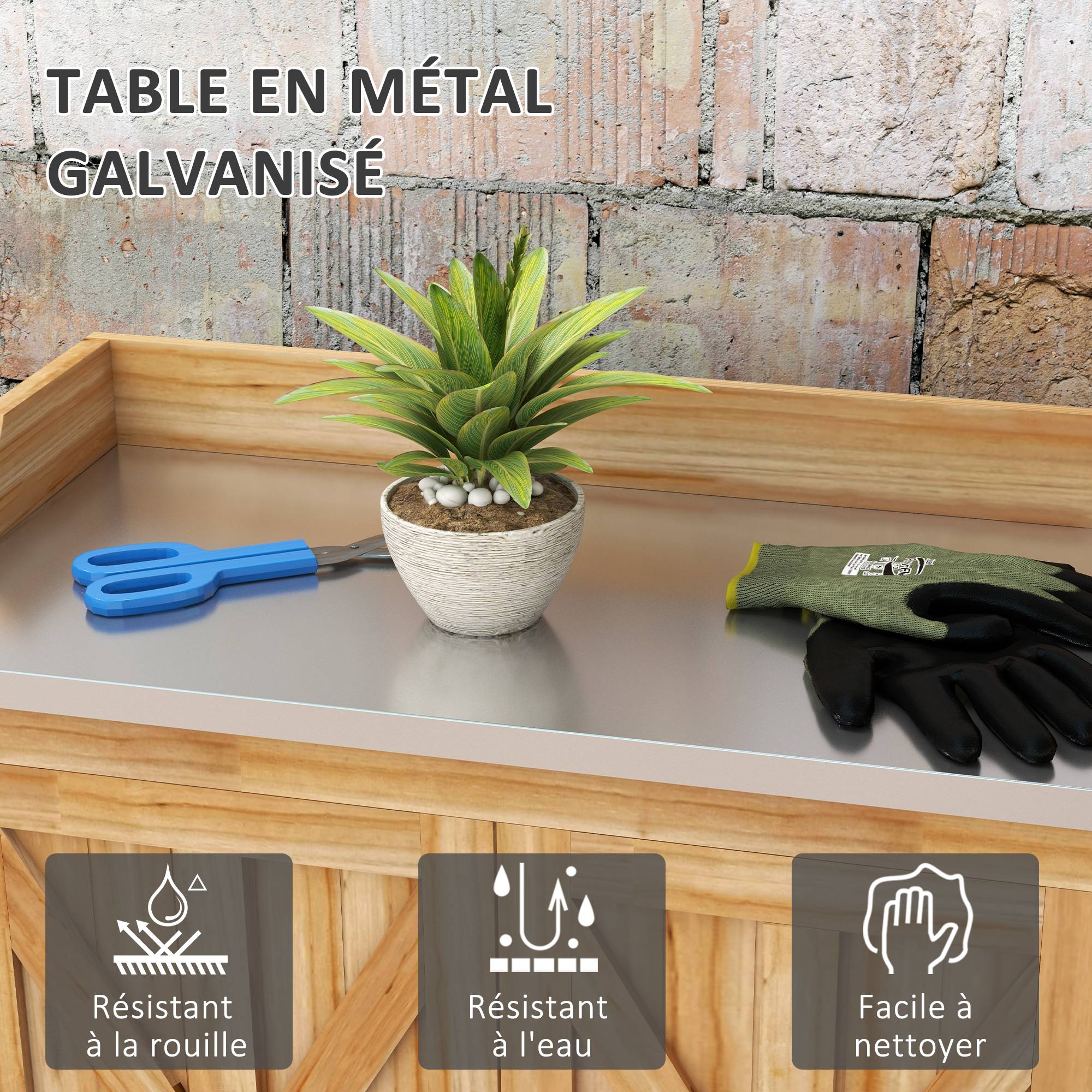 Table de rempotage armoire de rangement avec 2 étagères, plateau galvanisé patins antidérapants en bois sapin - Image 7