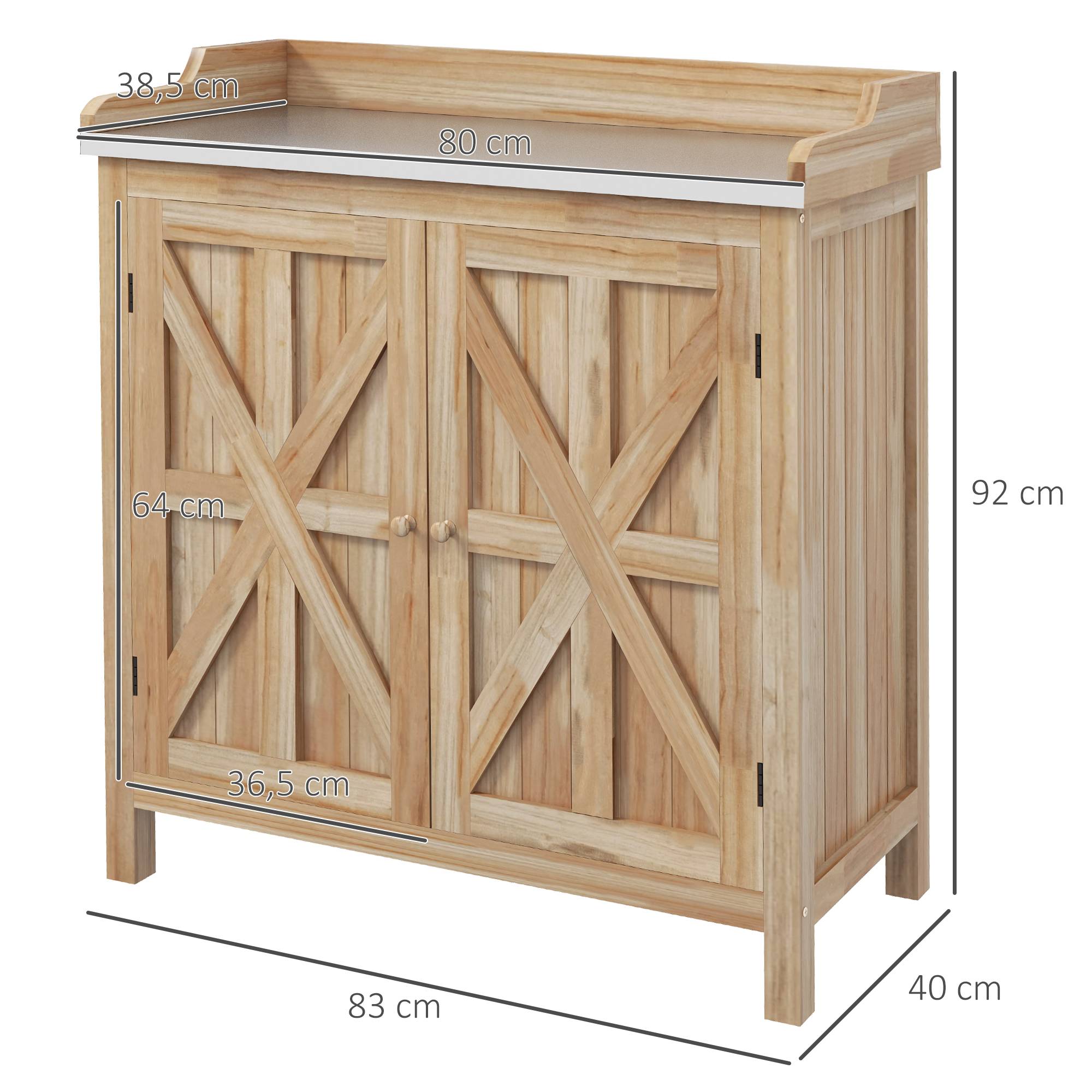Table de rempotage armoire de rangement avec 2 étagères, plateau galvanisé patins antidérapants en bois sapin - Image 5