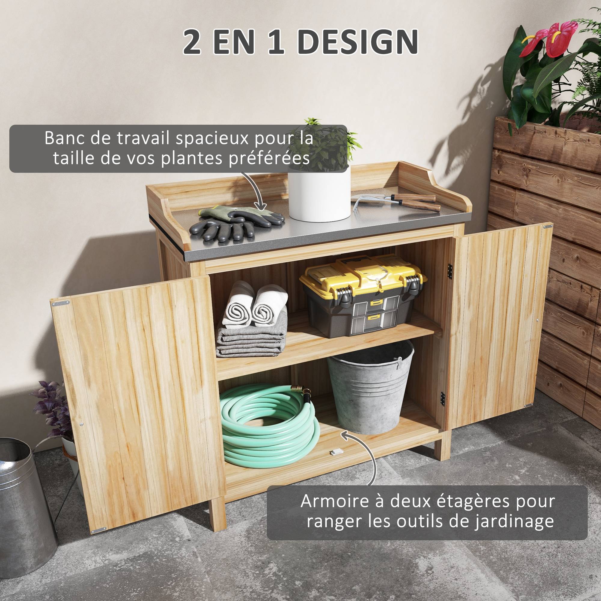 Table de rempotage armoire de rangement avec 2 étagères, plateau galvanisé patins antidérapants en bois sapin - Image 6