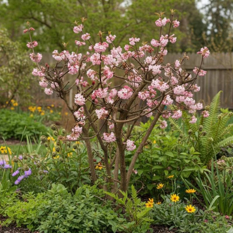 Viorne d'hiver Charles Lamont, Viburnum à fleurs Rose - feuillage Caduc - Pot de 3L - 40/60 cm-  hauteur à maturité De 2,50 m à 3,00 m - Imagen 6