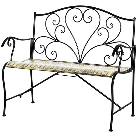 Banc de Jardin 2 Places Style néo-rétro Fer forgé Lignes fuselées métal Noir doré Effet Vieilli - Image 1