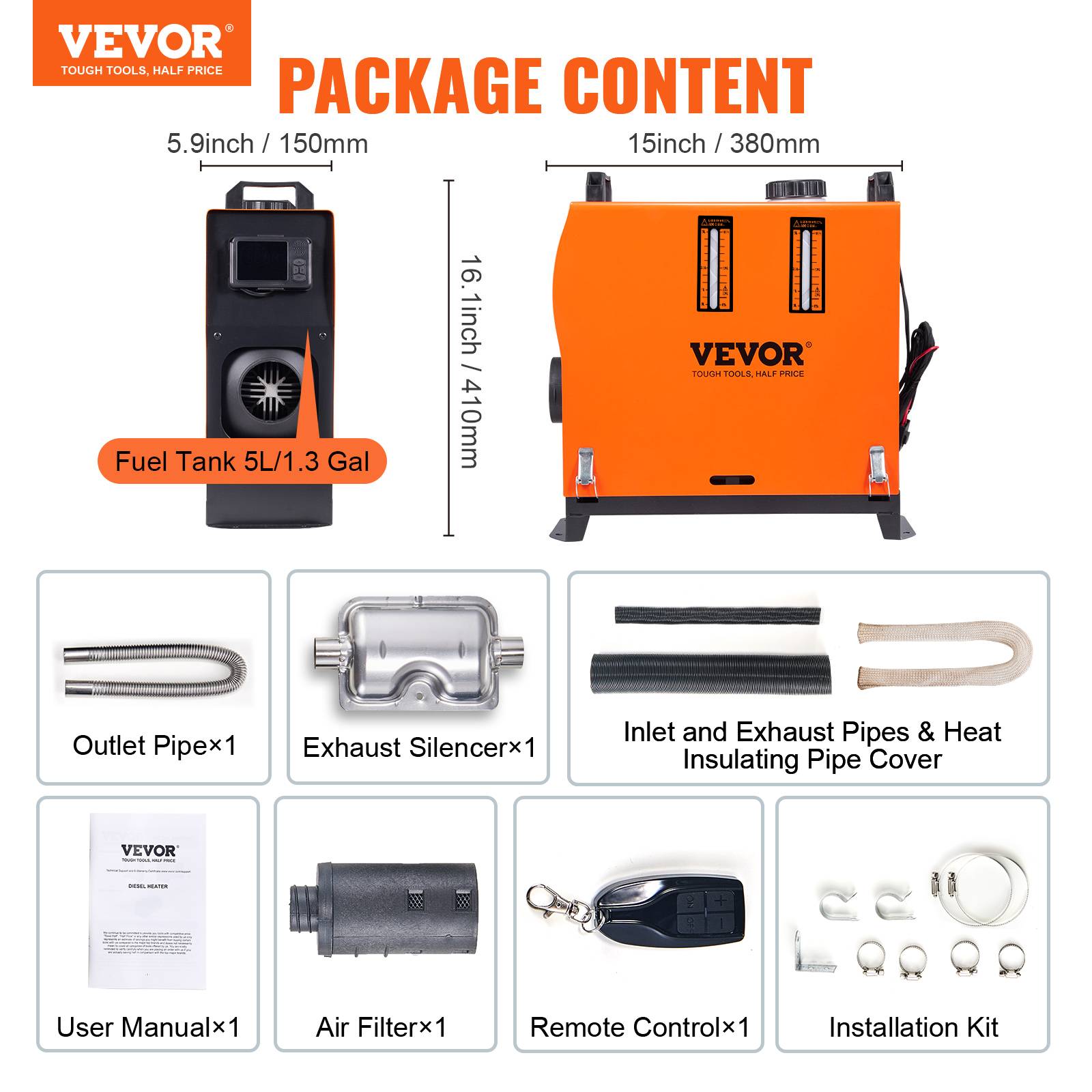 Vevor - VEVOR Chauffage diesel portable 12V 8kW, 0,16-0,62L/h, 8-36°C, LCD/Bluetooth, réserv.5L - Image 7