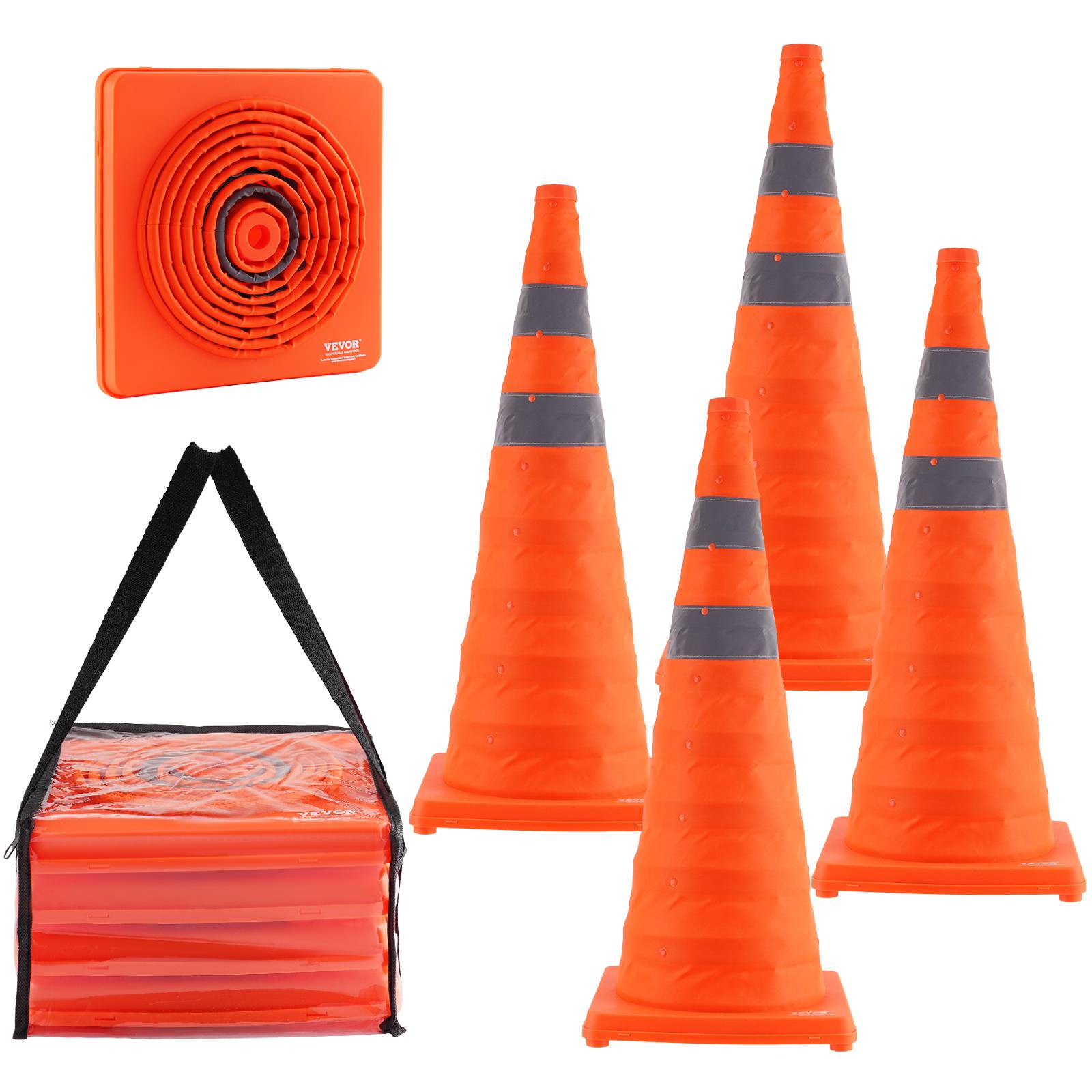 VEVOR Cône signalisation réfléchissant 4 pièces, 70 cm, pliable, base large. Sac transport. - Image 1