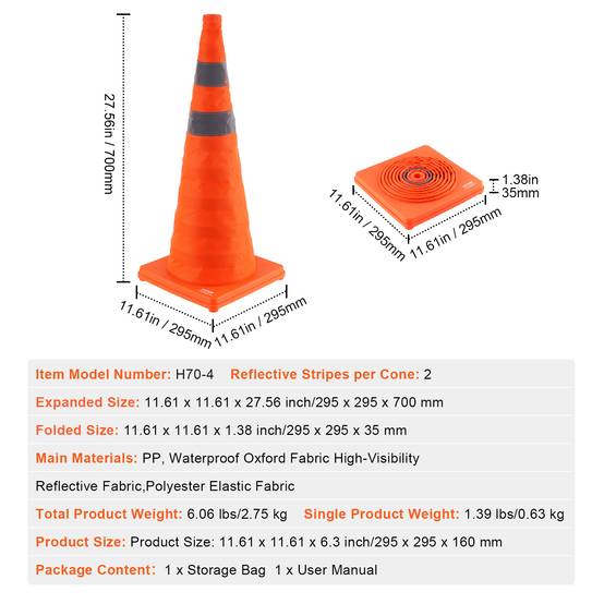 VEVOR Cône signalisation réfléchissant 4 pièces, 70 cm, pliable, base large. Sac transport. - Image 7