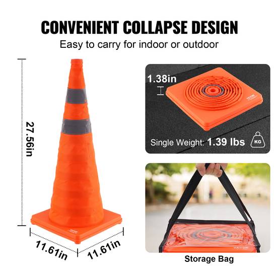 VEVOR Cône signalisation réfléchissant 4 pièces, 70 cm, pliable, base large. Sac transport. - Image 3