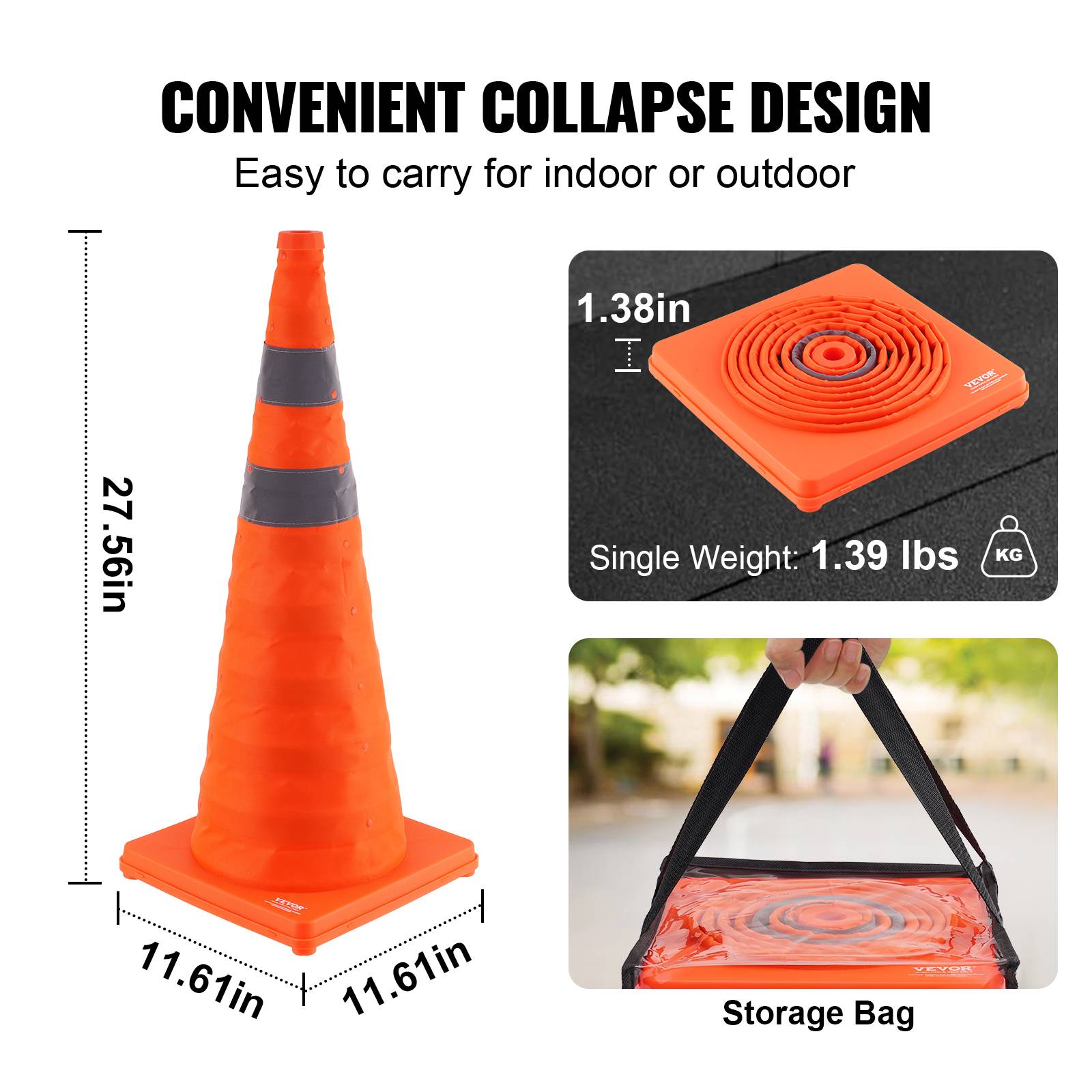 VEVOR Cône signalisation réfléchissant 4 pièces, 70 cm, pliable, base large. Sac transport. - Image 3
