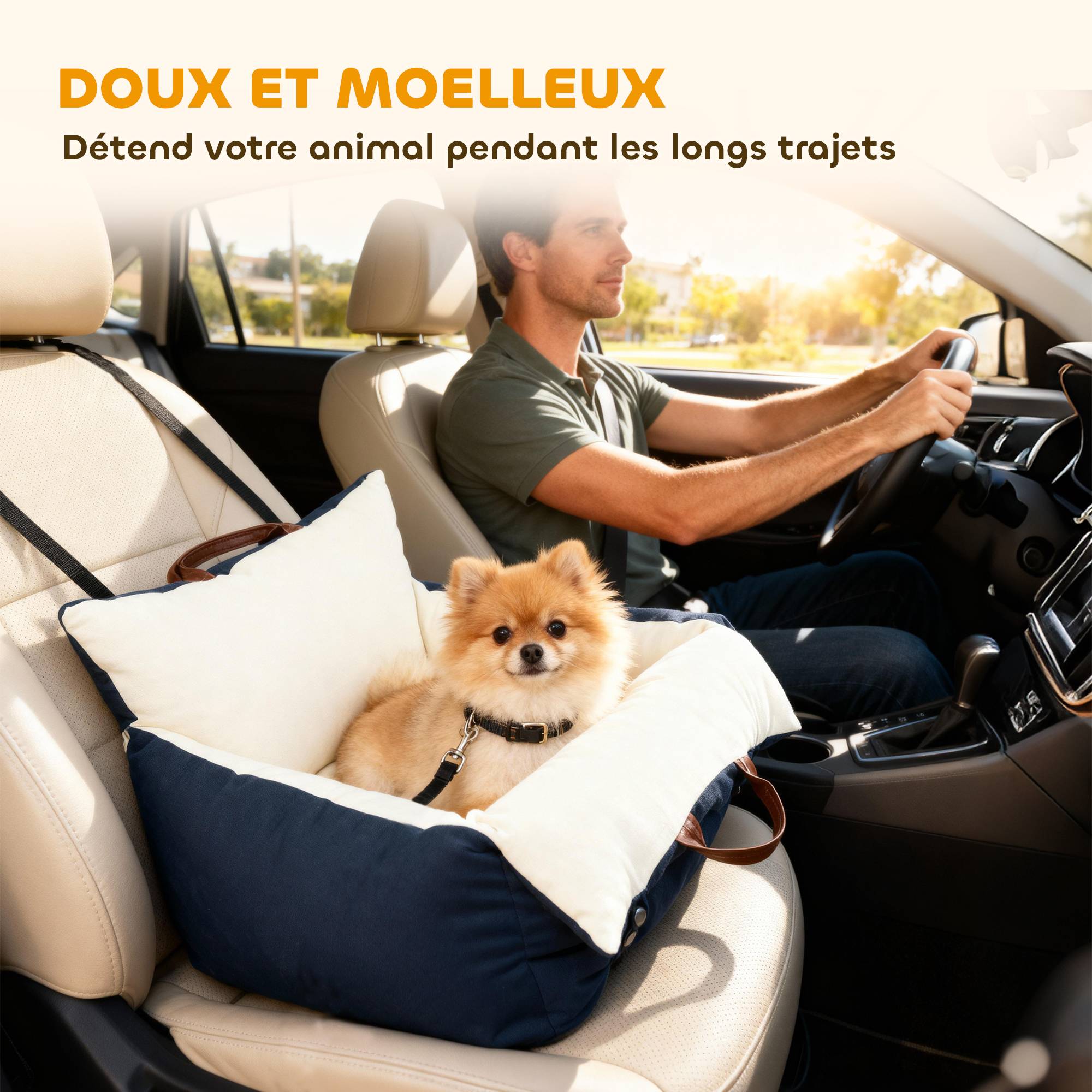Siège auto pour chien avec ceinture de sécurité et fixation siège de voiture pour chien rembourré 49x53x36cm bleu marine - Image 8