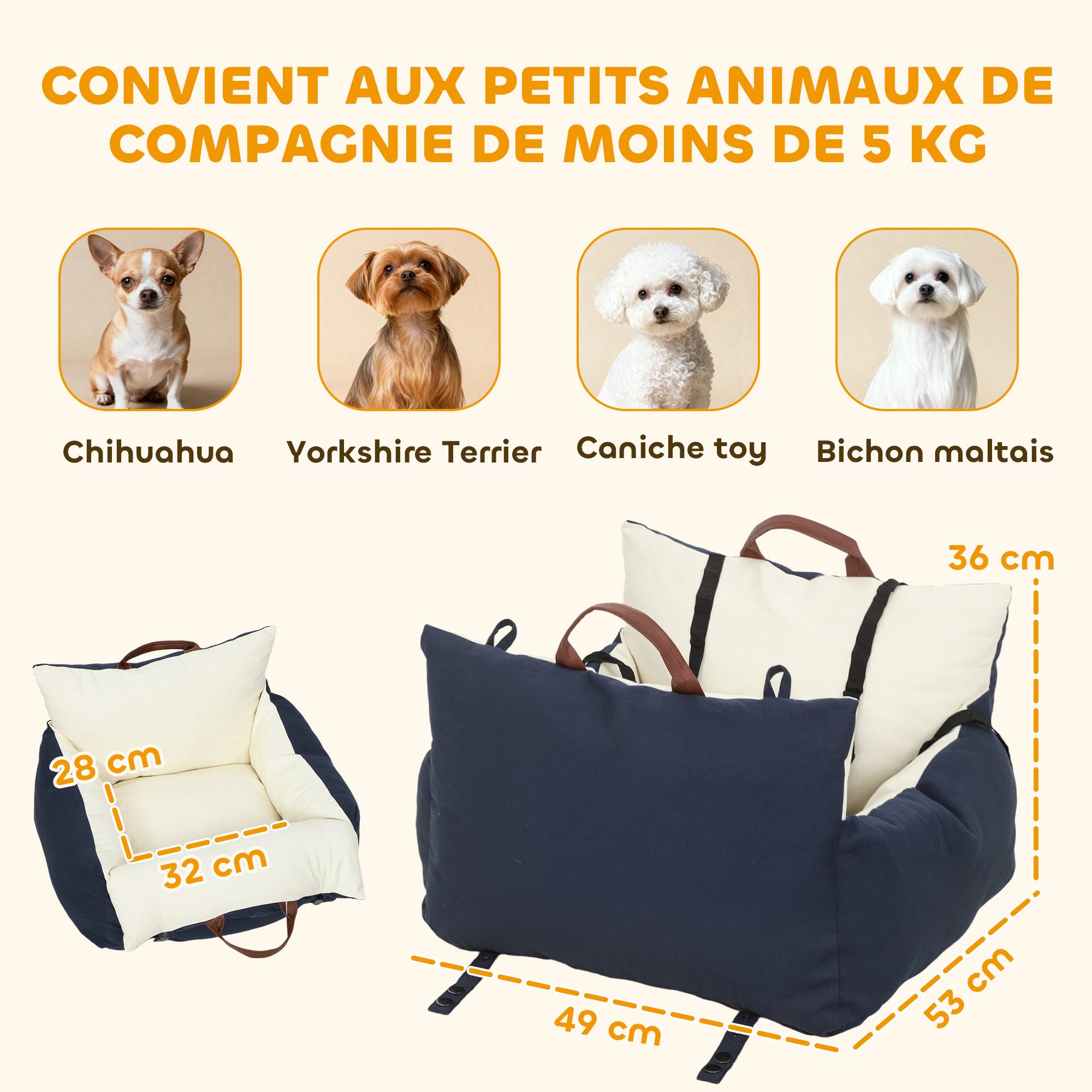 Siège auto pour chien avec ceinture de sécurité et fixation siège de voiture pour chien rembourré 49x53x36cm bleu marine - Image 5